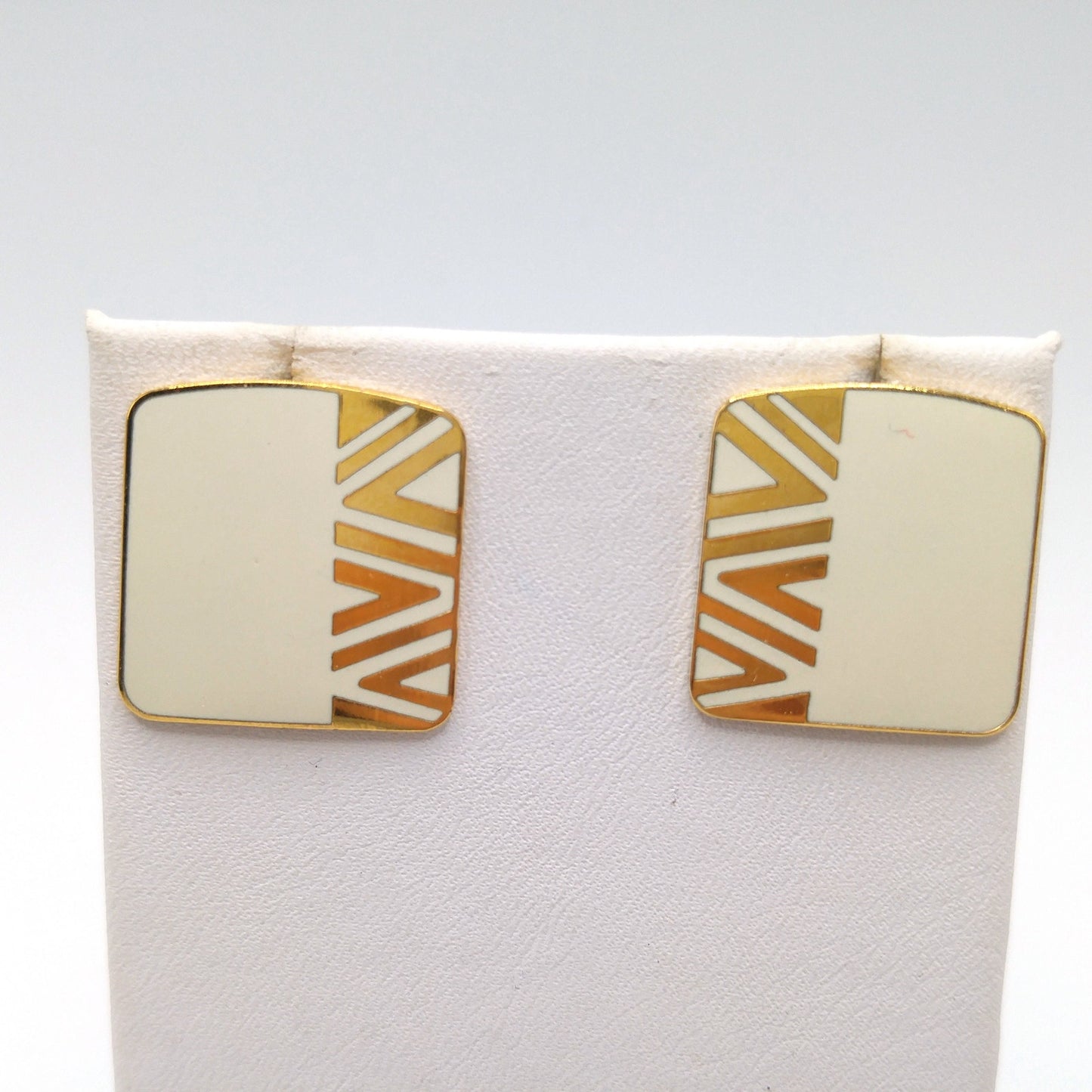 Vintage Laurel Burch "Naito" Geometric Post Earrings, Cream Enamel, Gold Plate