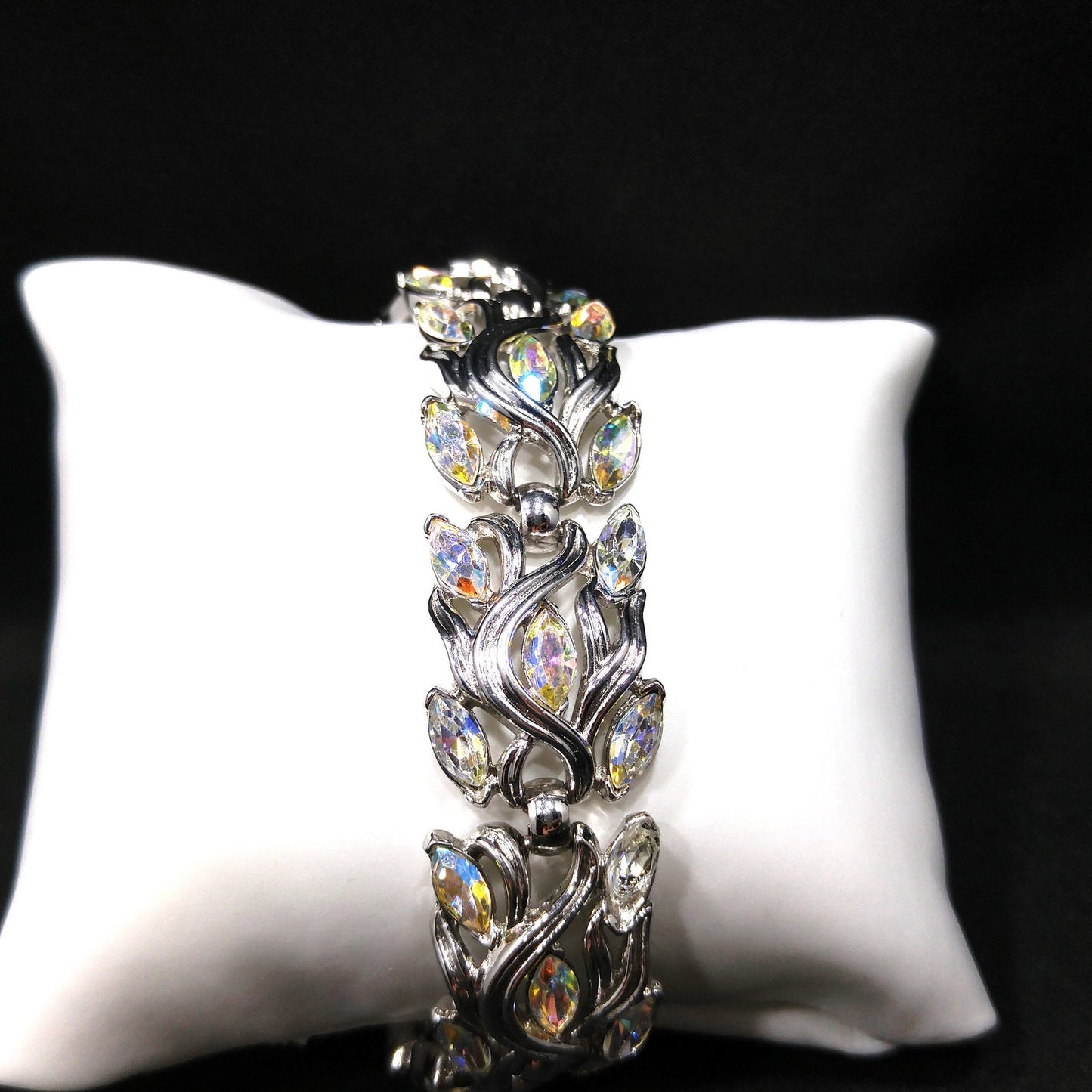 Crown Trifari Wedding Rhinestone Bracelet, Rhodium Plated, Aurora Borealis, 1960s Vintage Jewelry
