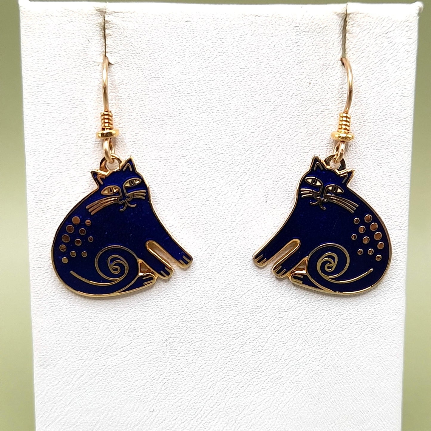 Vintage Laurel Burch "Keshire Cat" Drop Earrings, Blue Enamel, Gold Plate, 1980s Jewelry