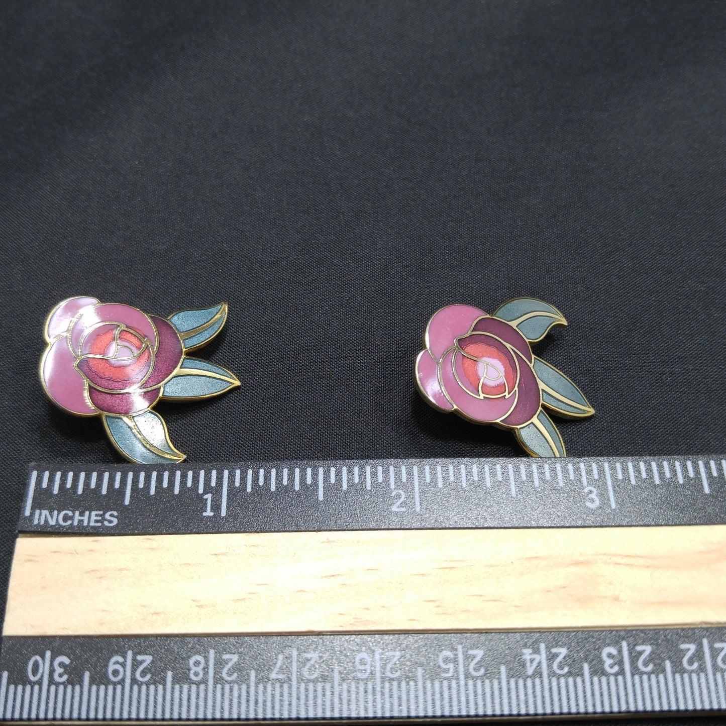 Laurel Burch "Deco Rose" Clip On Earrings, Pink Red Green Enamel, Gold Plated