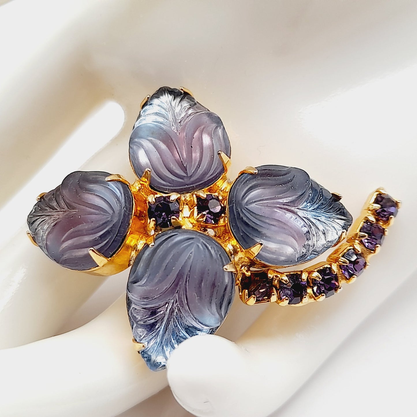 Vintage Purple Glass Leaf Brooch, Gold Plated Floral Pin, Amethyst Rhinestone Accents, 1950s Jewelry, Juliana Style Costume Brooch