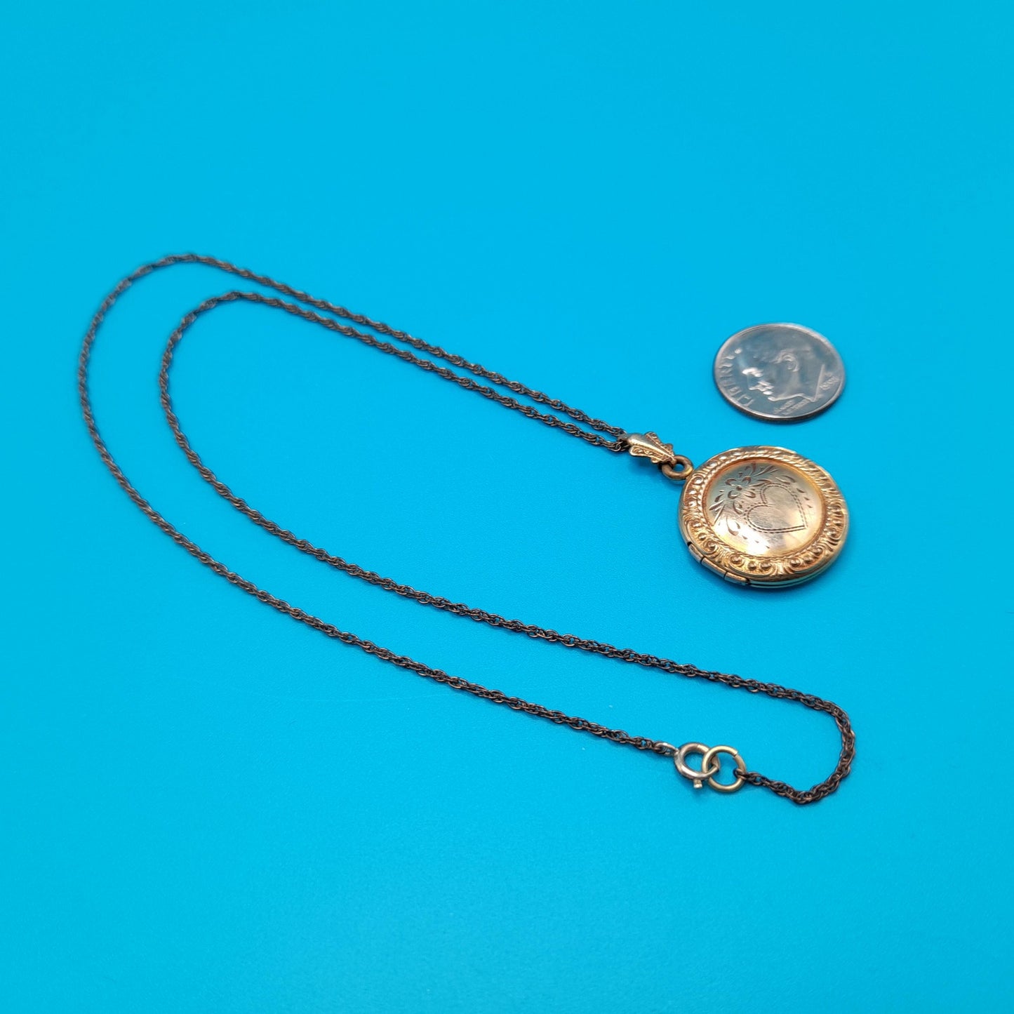 Vintage Gold Filled Locket Pendant, Etched Heart, Holds Two Photos, 1950s Jewelry