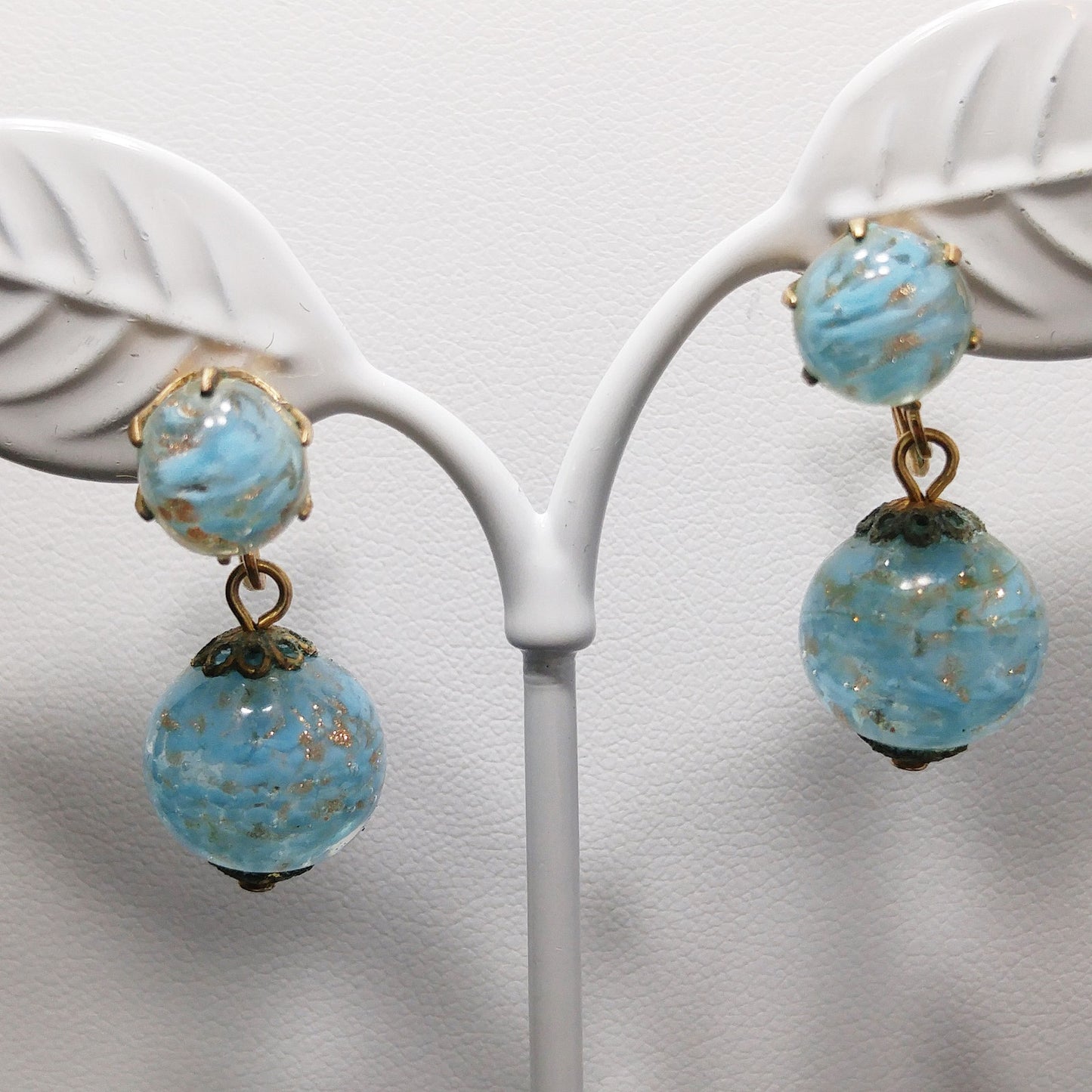 Kramer Turquoise Gold Beaded Necklace & Earrings Set, Gold Glitter Murano Glass