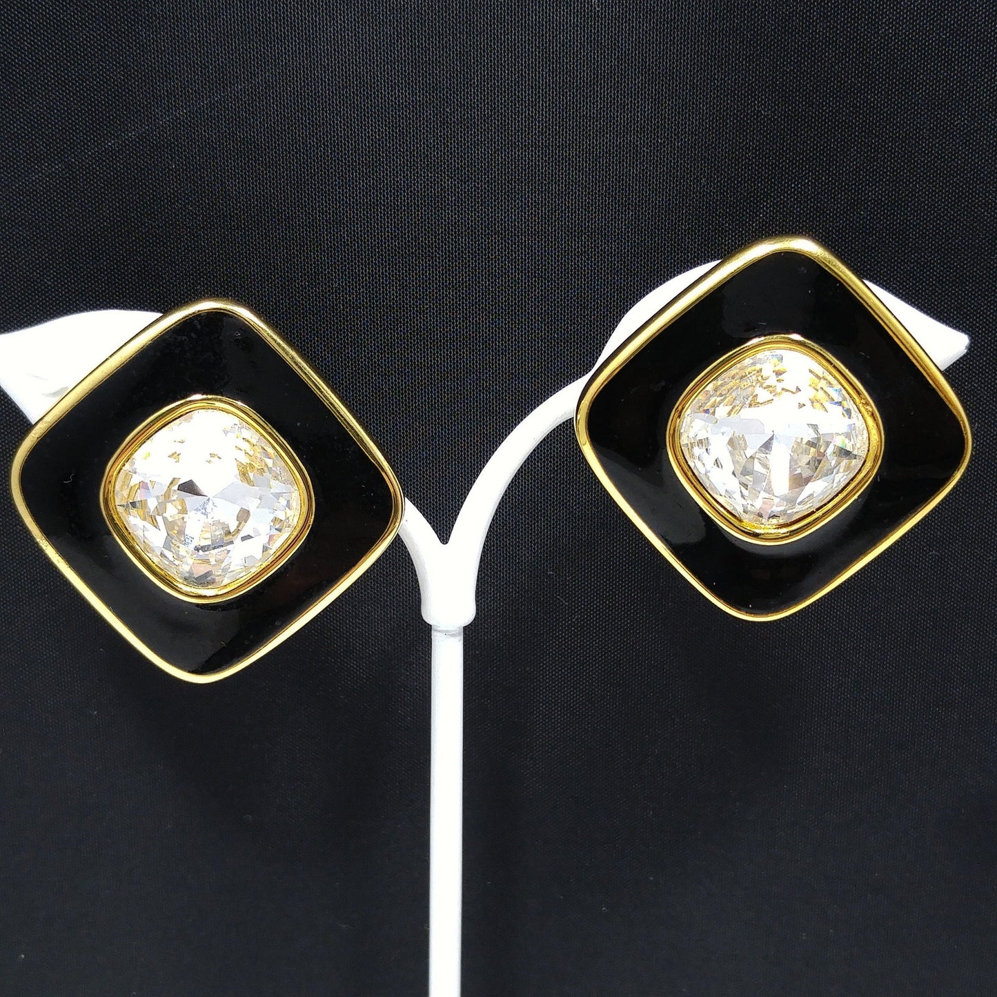 Swarovski S.A.L. Earrings, Clear Crystal & Black Enamel, 1970s–1980s Vintage