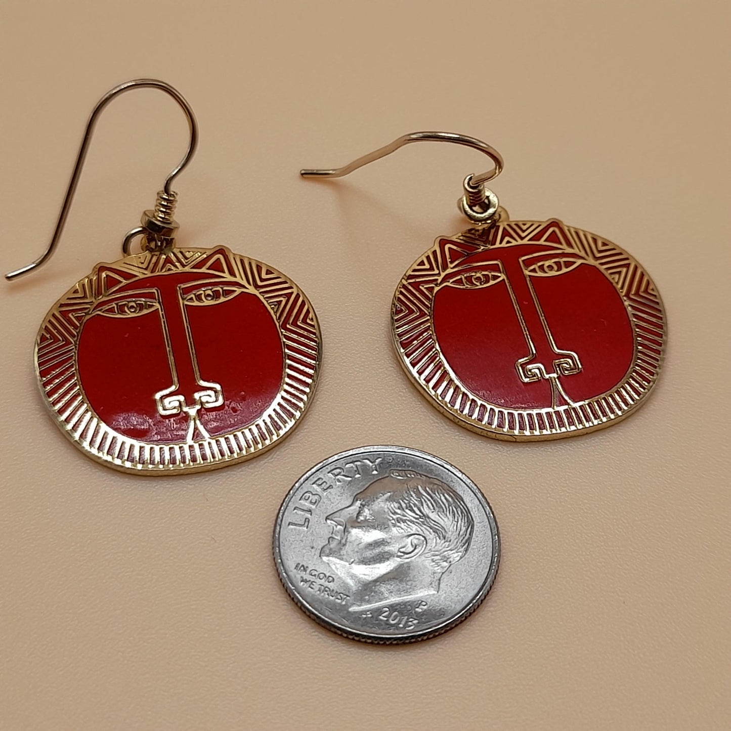 Laurel Burch "Moon Tiger" Red Drop Earrings, Gold Plated Cloisonné, Red Enamel, 1980s Vintage Jewelry