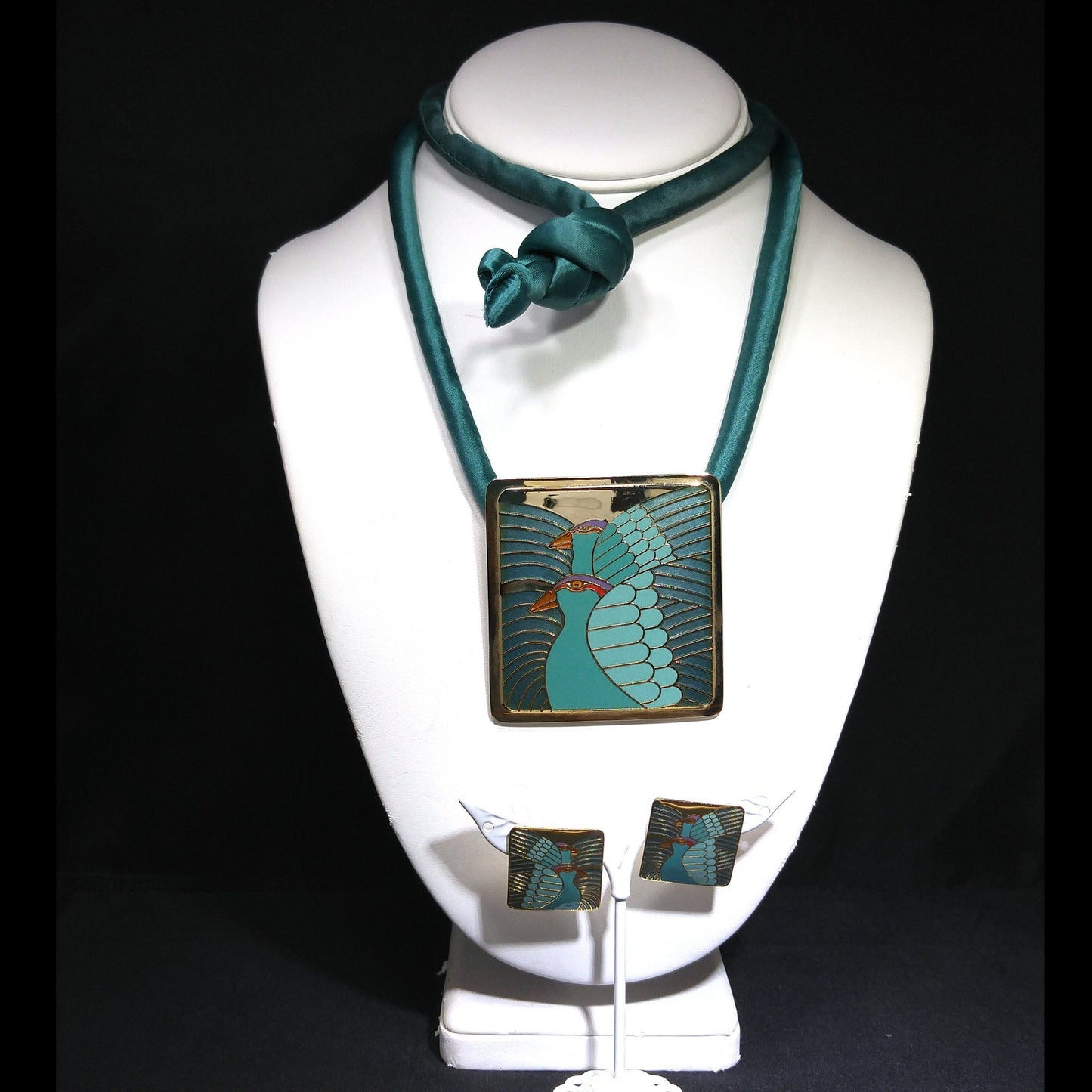 Laurel Burch "Moon Doves" Pendant Necklace & Earrings, Gold Plated, Cloisonné Enamel, 1980s Vintage Jewelry