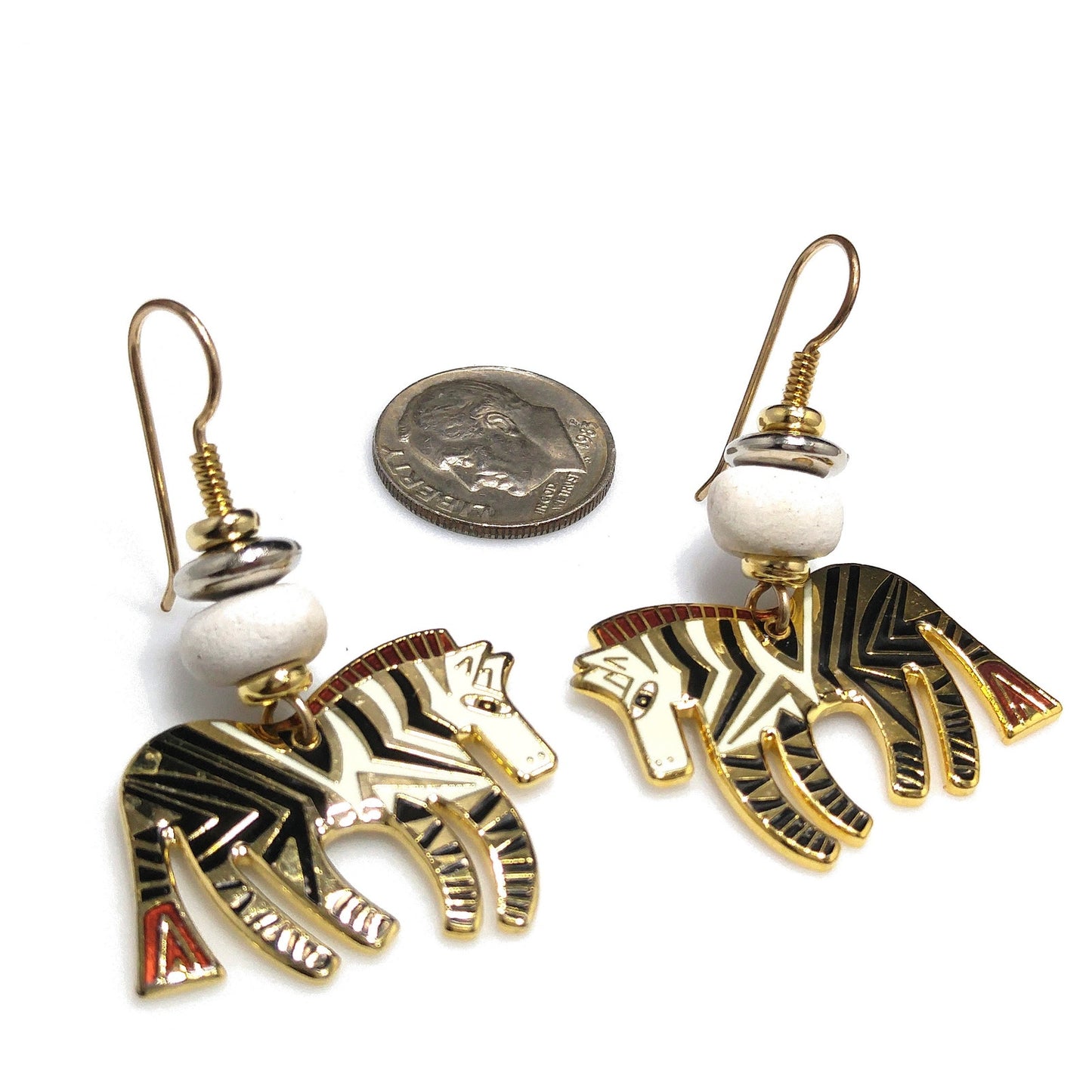 Laurel Burch "Wild Zebra" Earrings, Black White Enamel, Gold Plated, 1980s Vintage Jewelry
