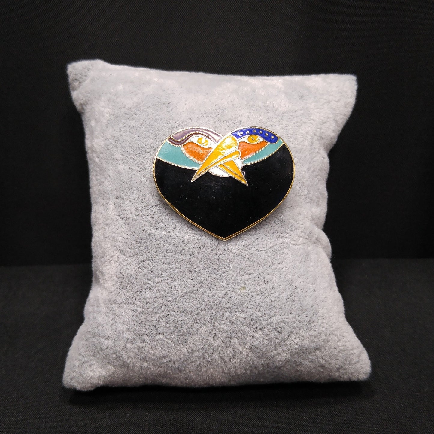 Laurel Burch Two Bird Heart Brooch, Gold Plated Cloisonne, 1980s Vintage Jewelry