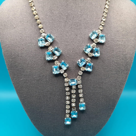 Weiss Blue Clear Rhinestone Necklace, Tassel Pendant, Signed Weissco, 1940s Vintage Jewelry