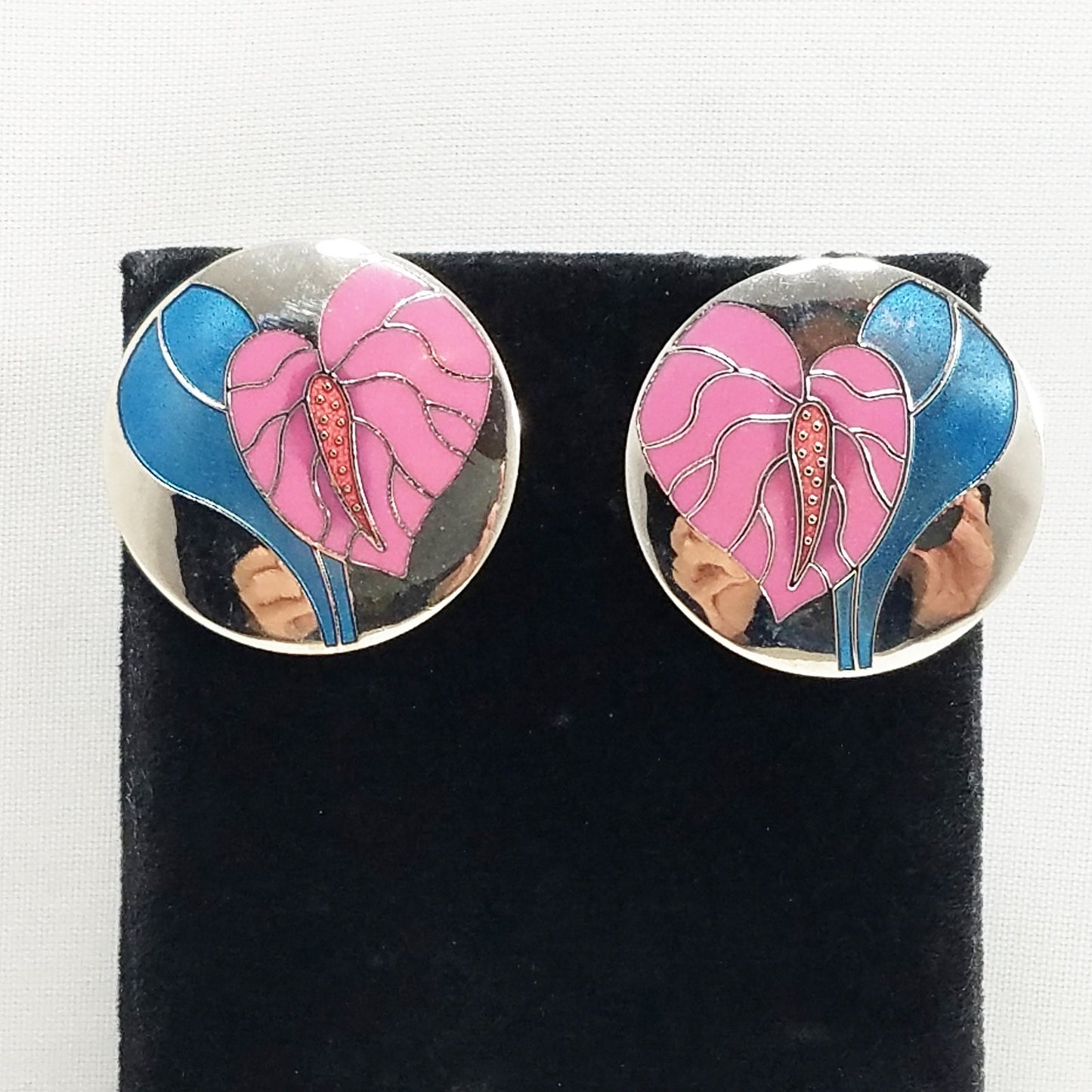 Vintage Laurel Burch "Antherium" Earrings Post Enamel Pink 1980s Vintage Jewelry