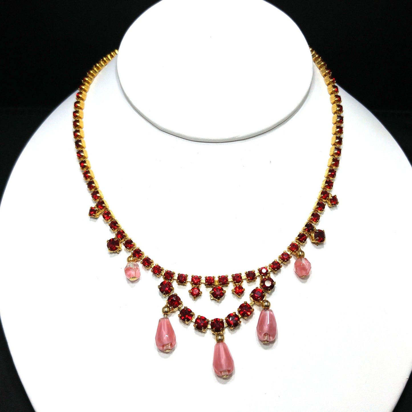 Red Rhinestone Pink Bead Choker Necklace, Gold Plated, 1950s Vintage Jewelry
