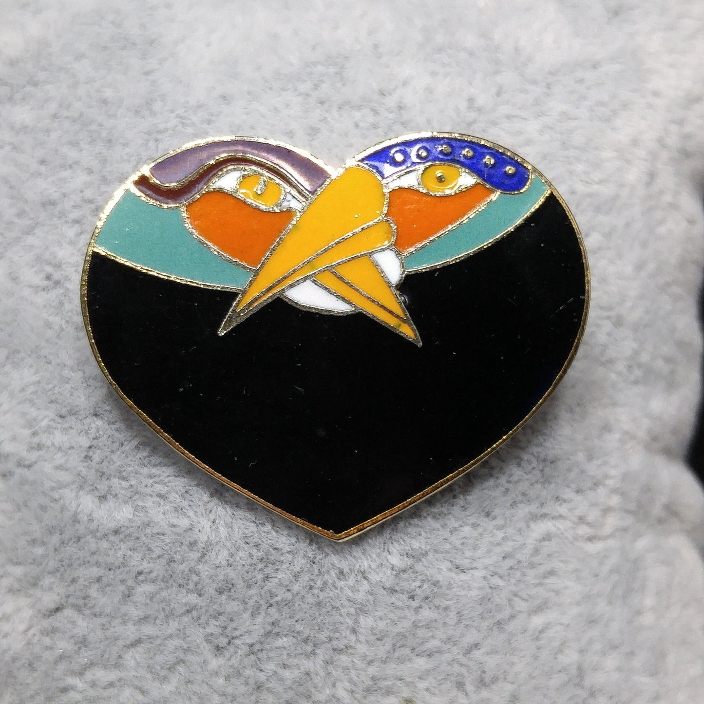 Laurel Burch Two Bird Heart Brooch, Gold Plated Cloisonne, 1980s Vintage Jewelry
