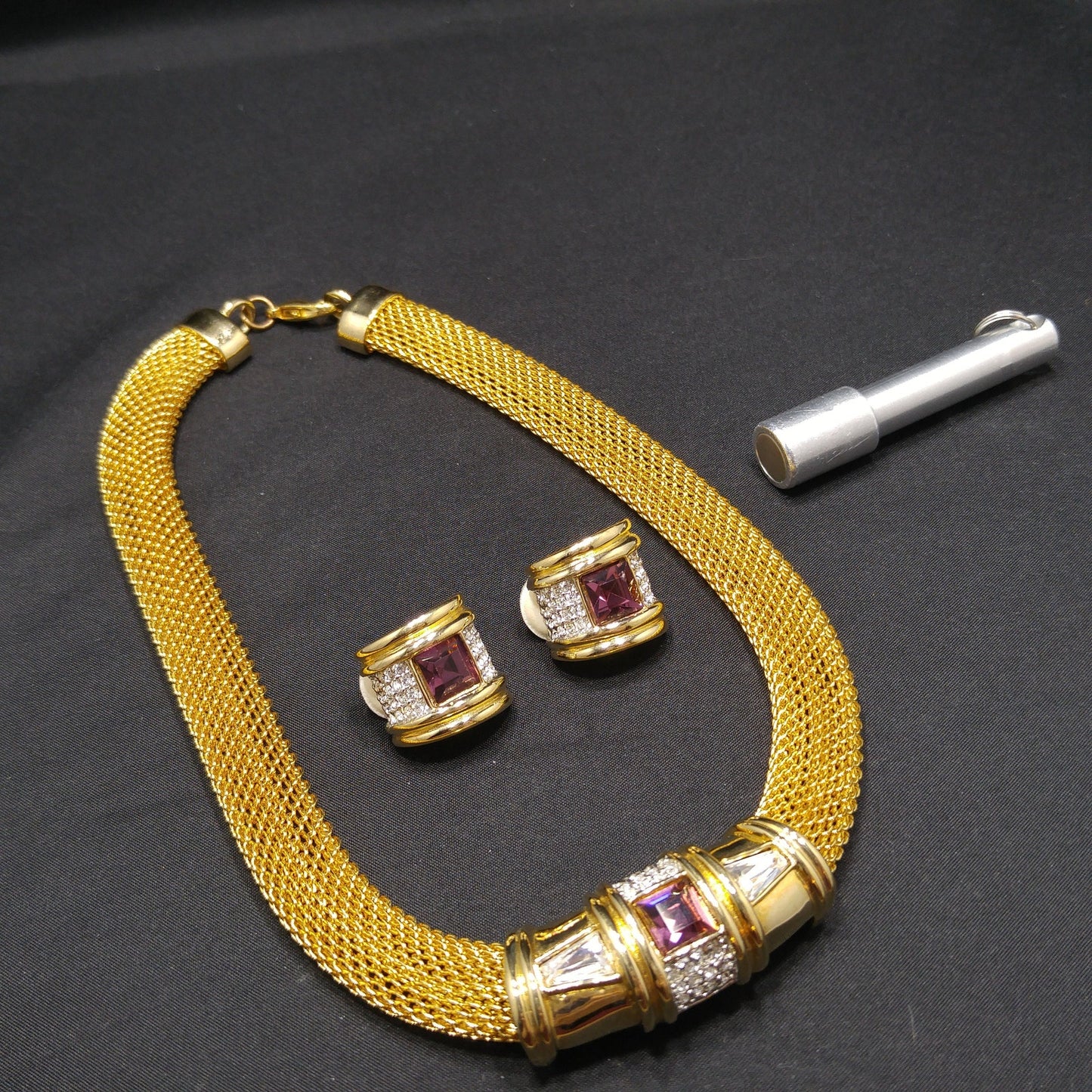 Purple Clear Rhinestone Necklace & Earrings, Gold Plated, 1980s Vintage Jewelry