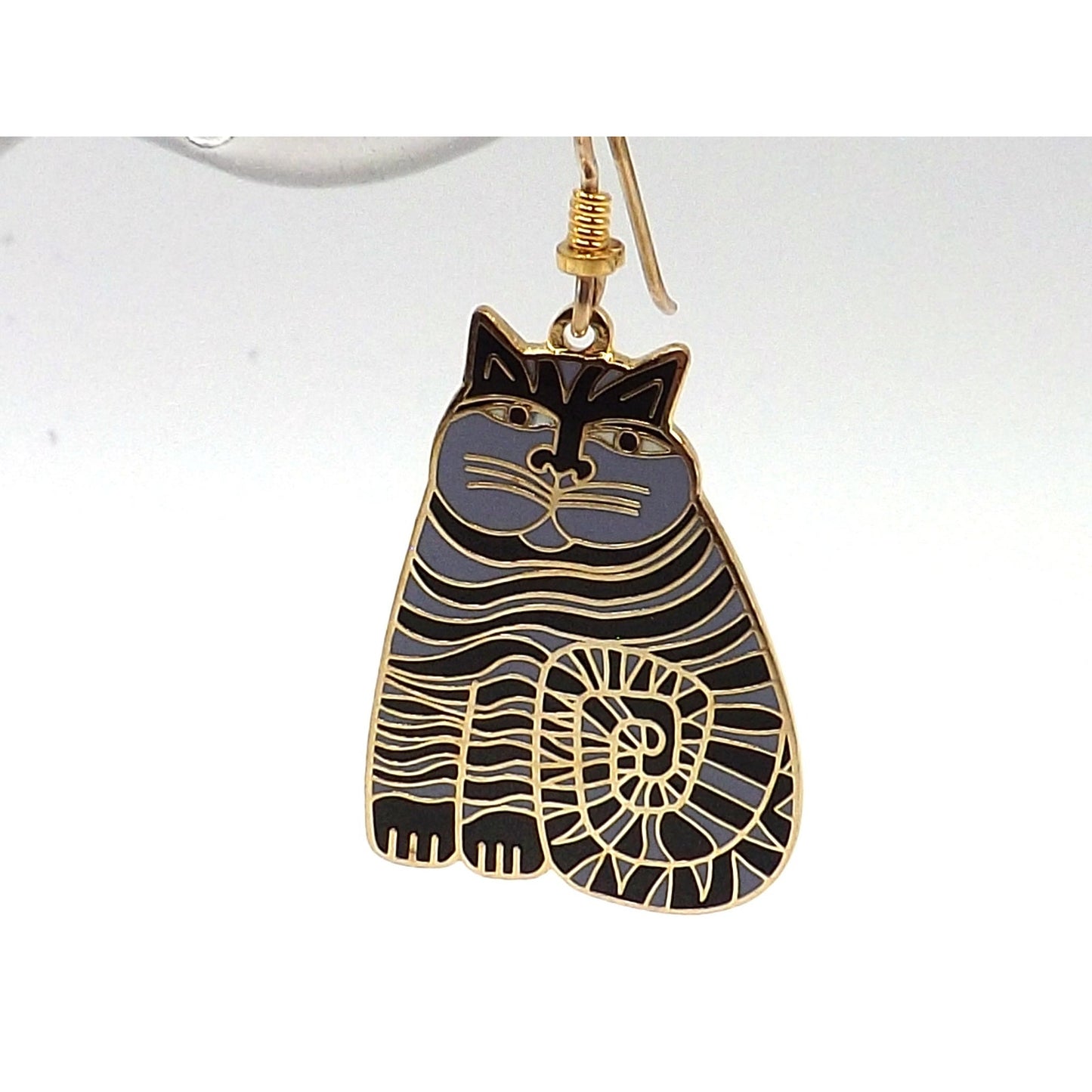 Laurel Burch Shambala Cat Earrings, Black Lavender Enamel, Gold Plated, 1980s Vintage Jewelry