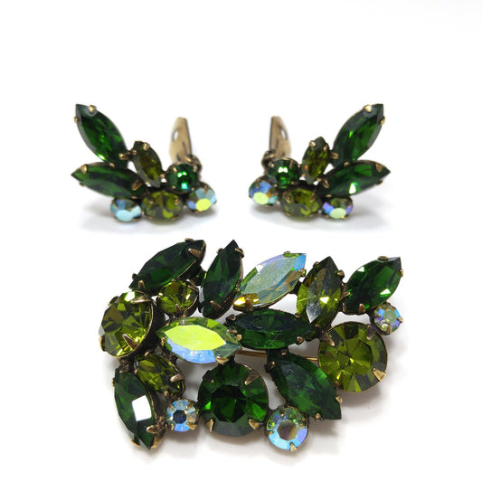 Green Crystal Rhinestone Brooch & Earrings, Aurora Borealis, 1960s Vintage Jewelry