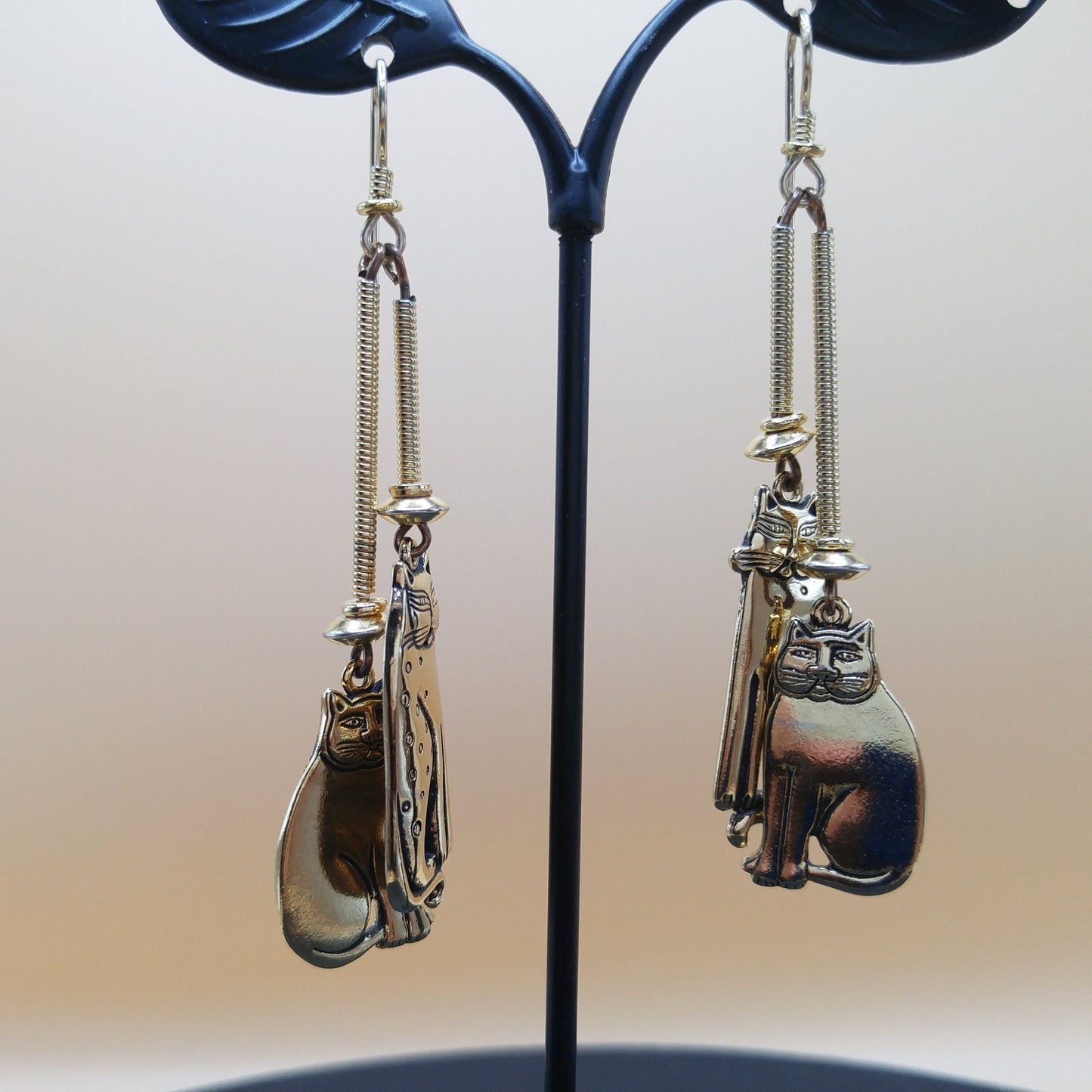 Laurel Burch Two Cats Dangle Earrings, Mystic Cat, Siamese Cat, 1980s Vintage Jewelry