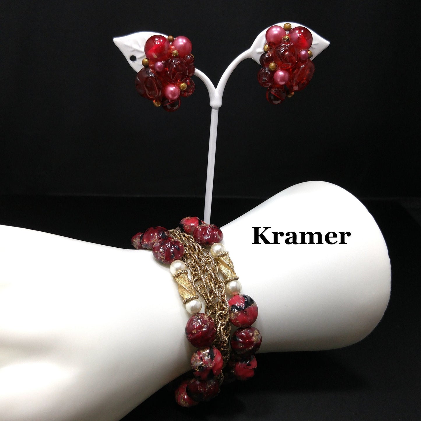 Kramer Red Thermoset Beaded Bracelet & Earrings, 22K Gold Plated Bracelet, 1940s Vintage Jewelry