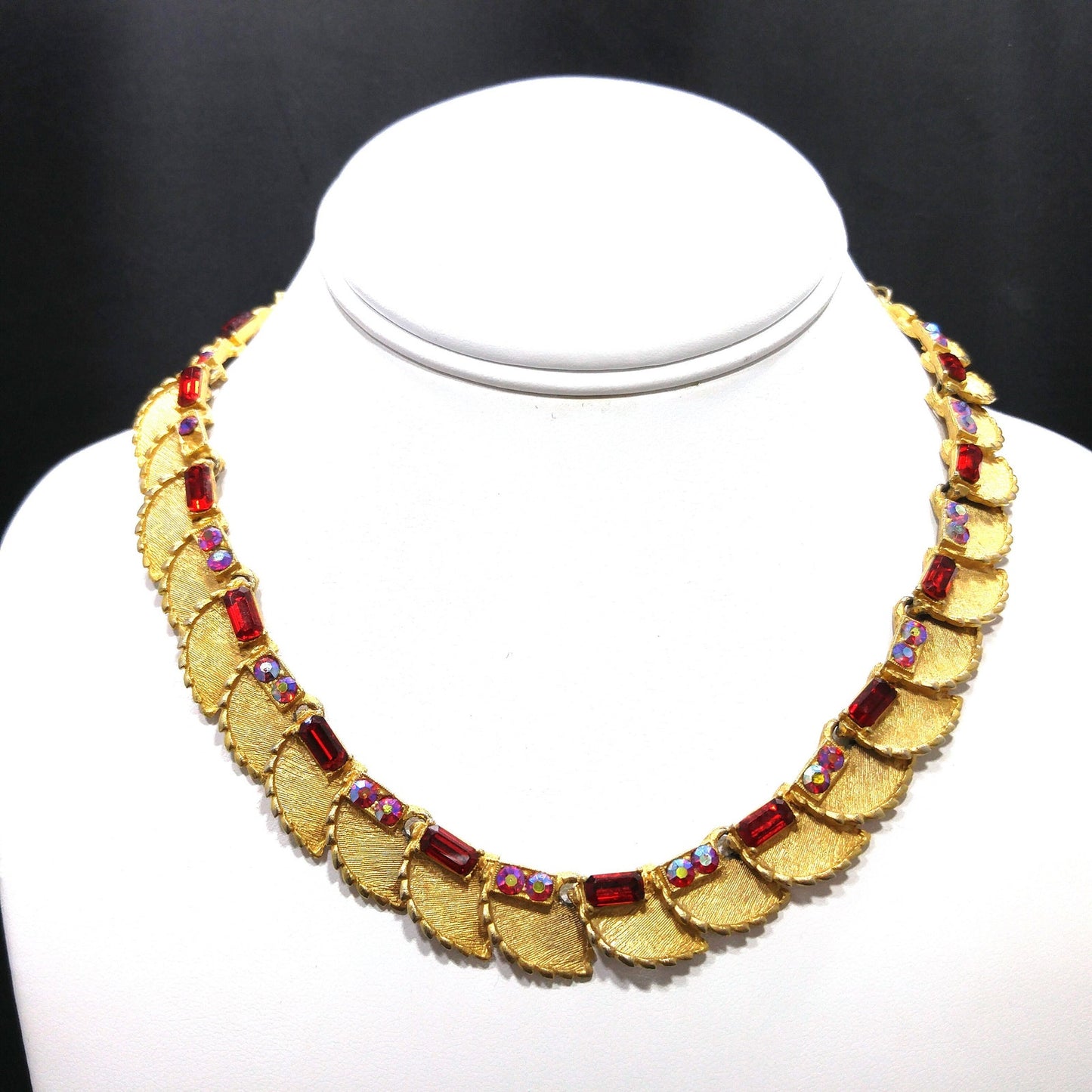 B.S.K. Red Rhinestone Choker Necklace, Aurora Borealis, 1960s Vintage Jewelry
