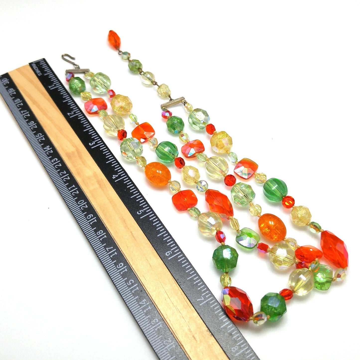 Crystal & Molded Glass Beaded Necklace, Orange Green Yellow, 1950s Vintage Jewelry