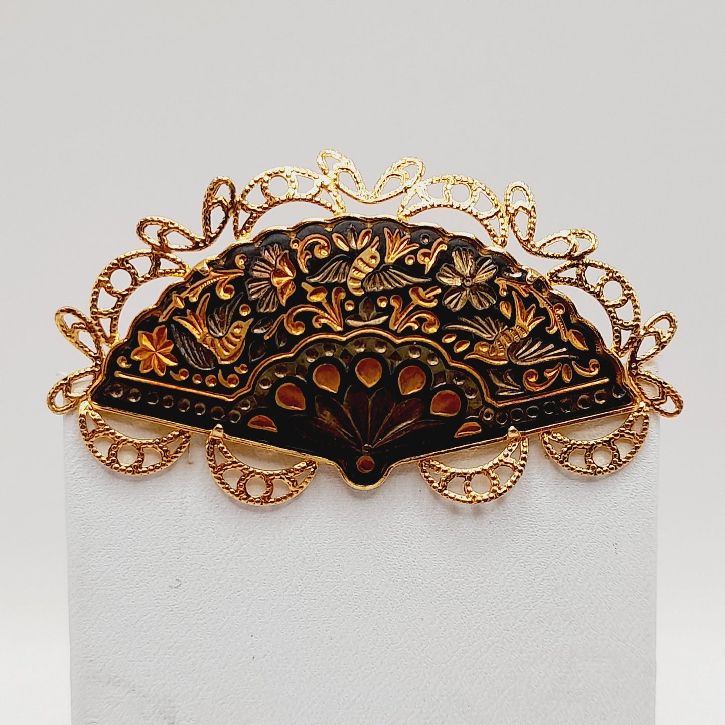 Vintage Damascene Fan Brooch Gold Black Filigree Pin 2.5 Inch