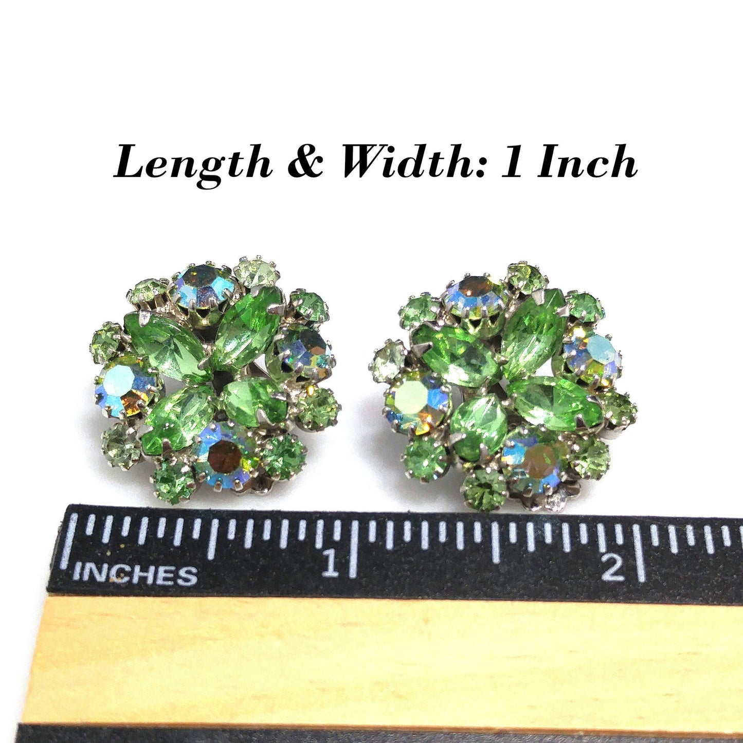 Weiss Peridot Green Rhinestone Clip Earrings, Rhodium Plated, 1960s Vintage Jewelry