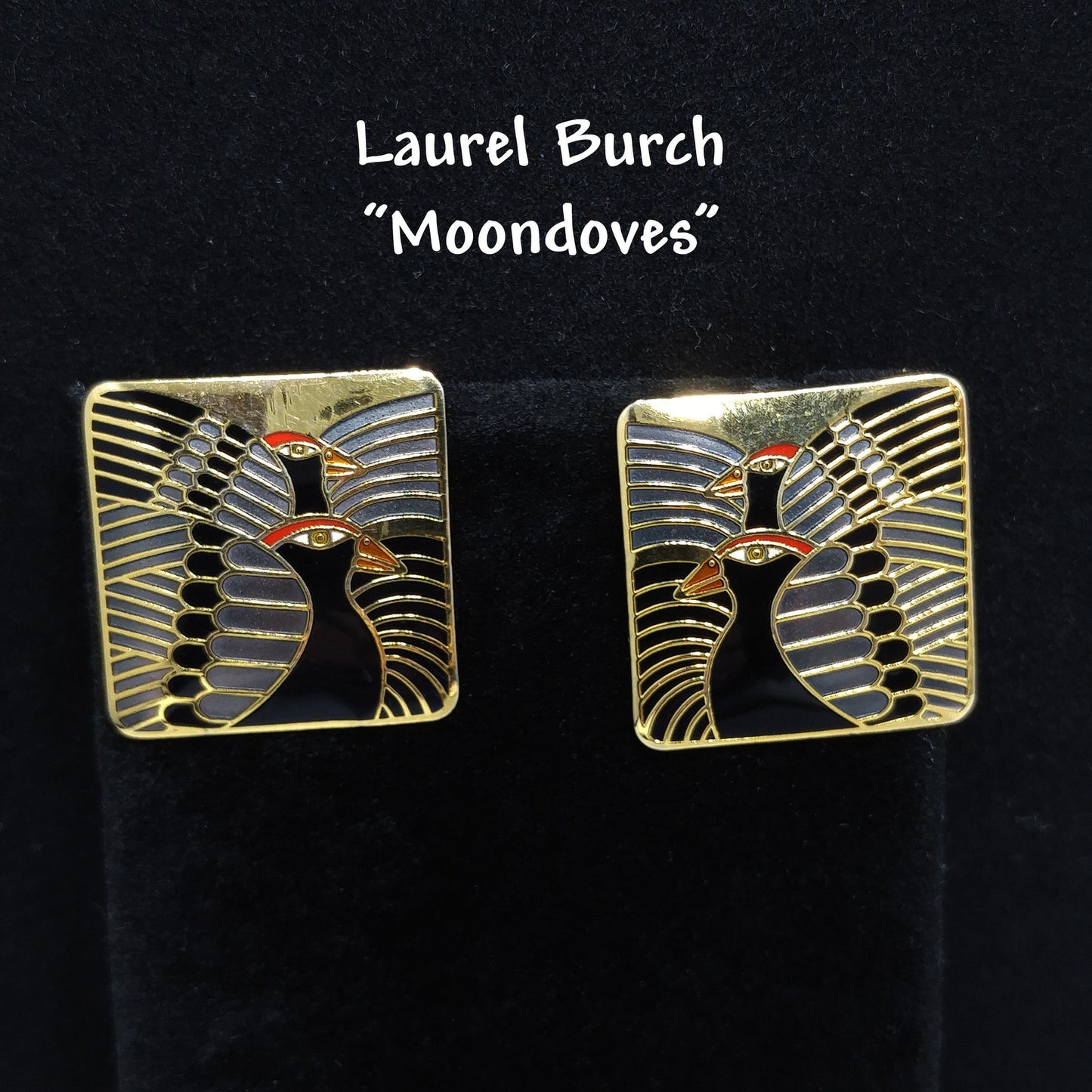 Laurel Burch "Moondoves" Post Earrings, Black Birds, Gold Plated, 1980s