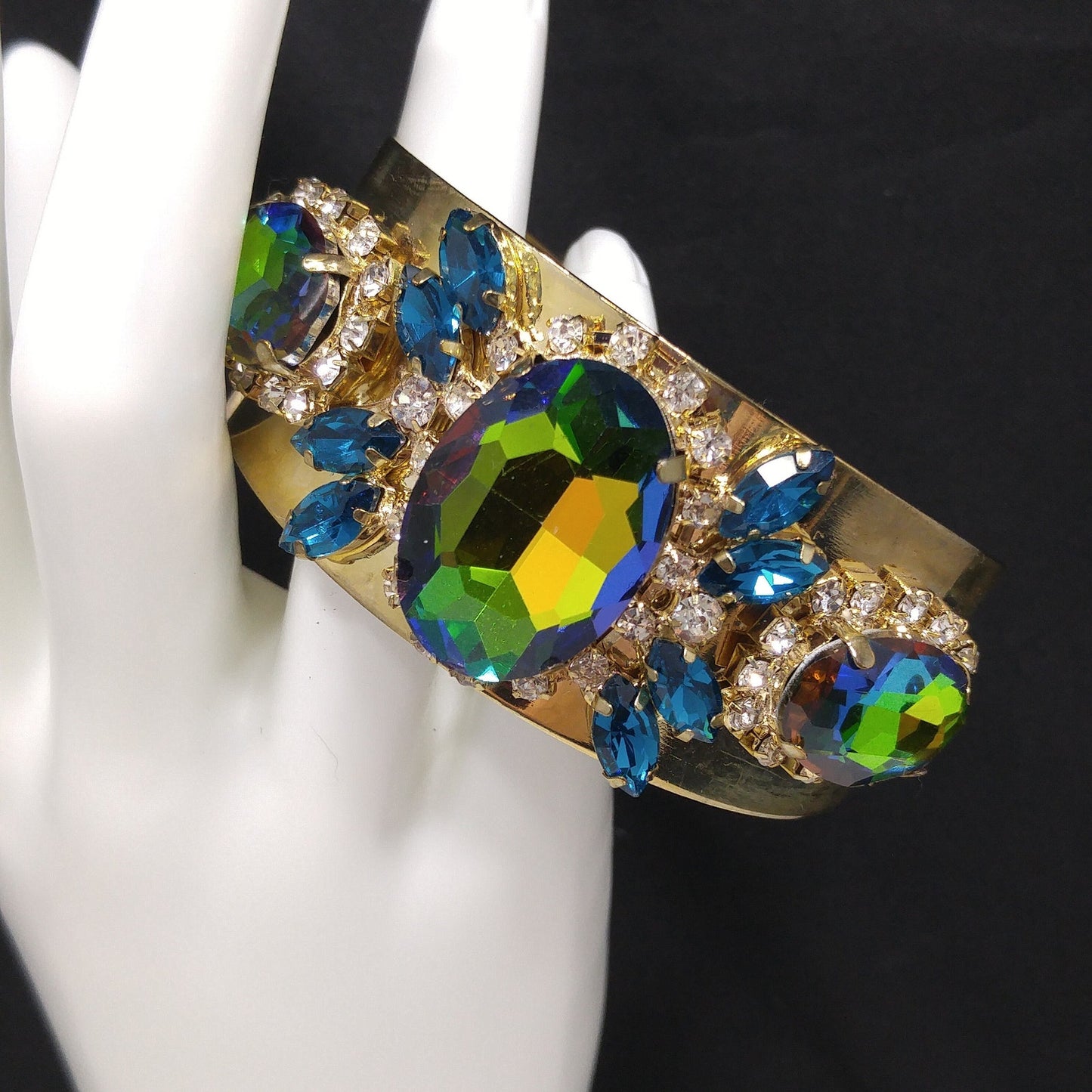 Brass Cuff Bracelet, Watermelon Crystal Rhinestones, Golden Brass, Clear & Sapphire Blue Rhinestones, Vintage Jewelry