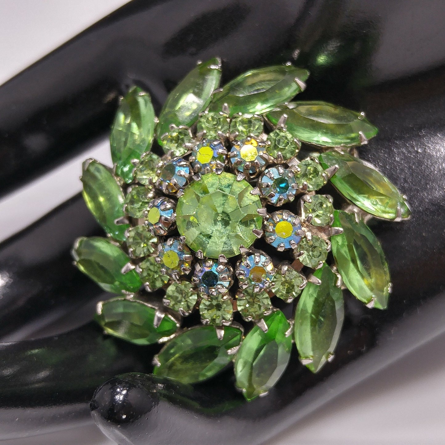 Vintage Peridot Green Rhinestone Domed Brooch, Aurora Borealis, 1960s