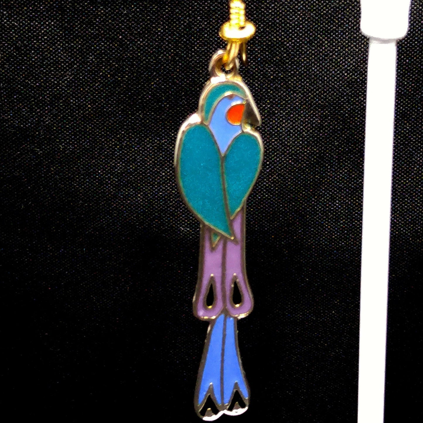 Laurel Burch "Mayan Bird" Long Earrings, Cloisonne & Enamel, 1980s Vintage