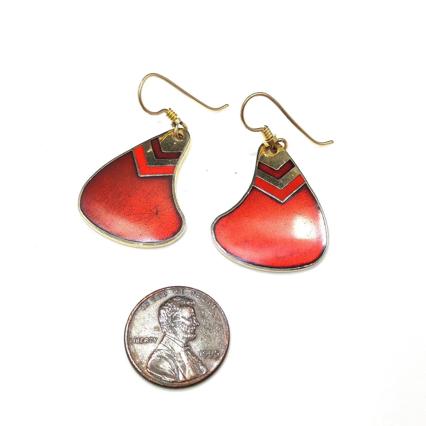 Vintage Laurel Burch Red & Gold Earrings, Red Enamel, Gold Cloisonné, 1980s