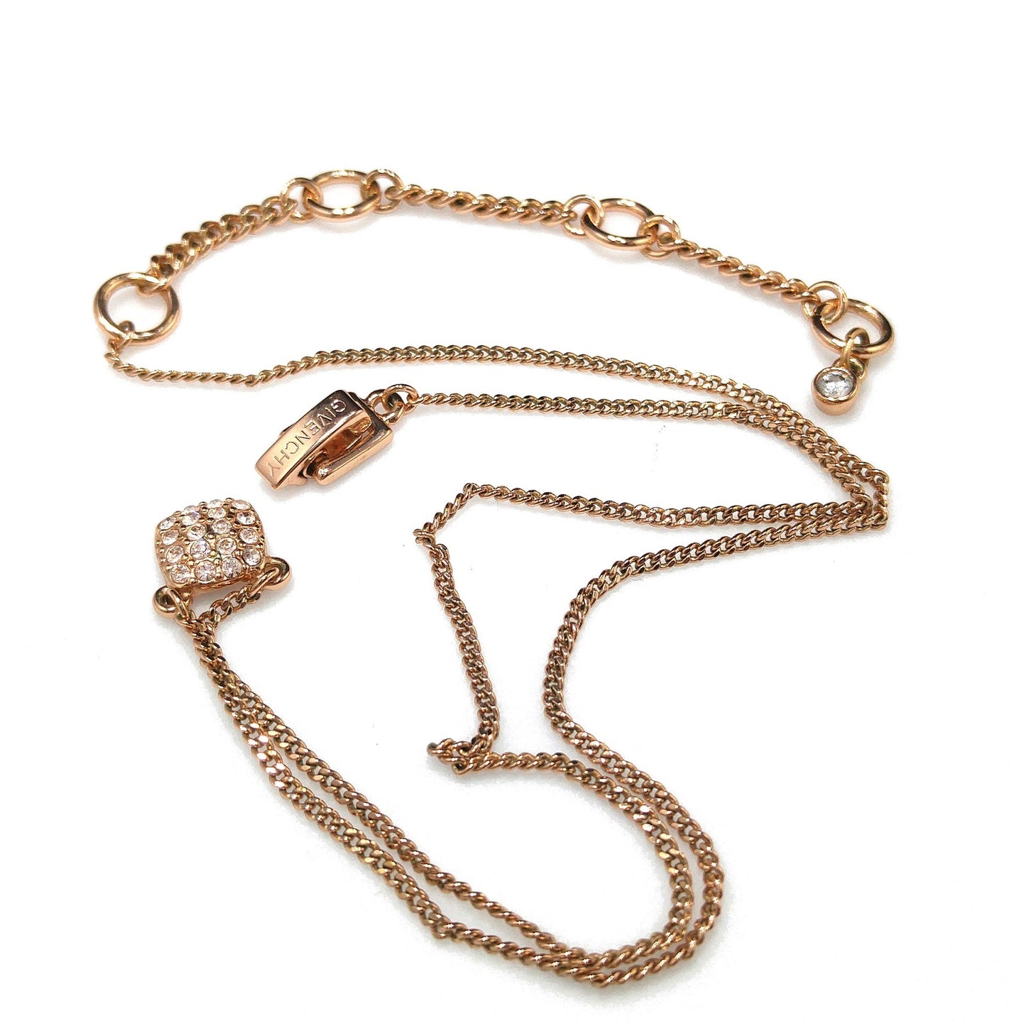 Givenchy Rose Gold Pendant Necklace – Pave Clear Rhinestones – 1990s Vintage Jewelry