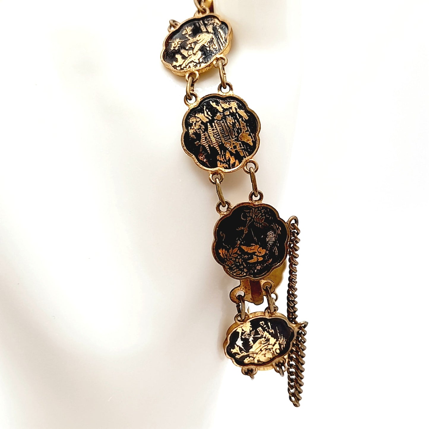 Authentic Japanese Damascene Bracelet - Vintage 6.5" Link Style - Black Gold Inlay