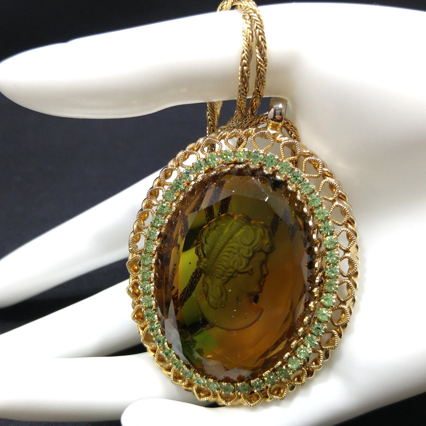 Warner Cameo Intaglio Pendant Necklace, Peridot Rhinestones, 5 Uranium Glass, 1960s Vintage Jewelry