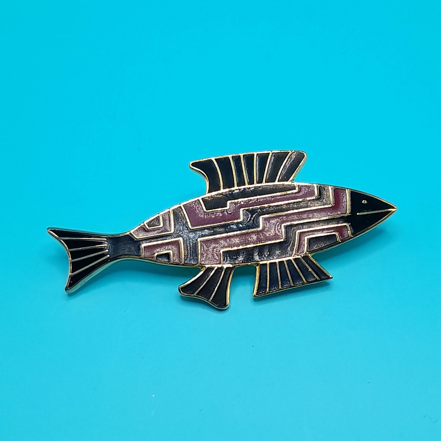 Vintage Laurel Burch "FISH" Brooch, Gold Plated, Black Brown Enamel, 1980s