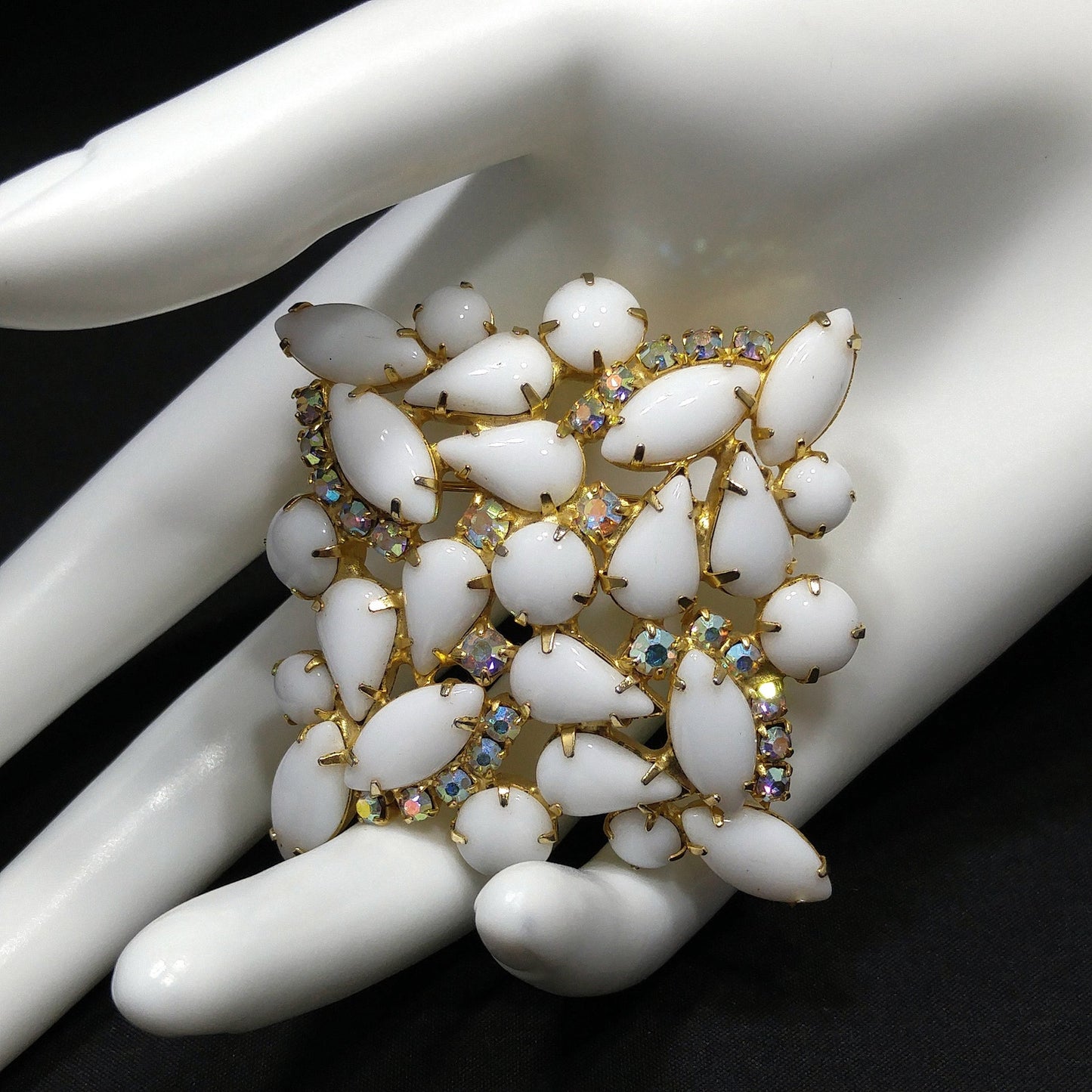 White Milk Glass AB Rhinestones Brooch, Aurora Borealis, Gold Plated, 1960s Vintage Jewelry