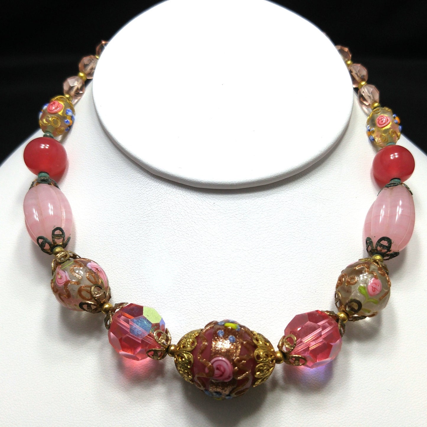 Wedding Cake Pink Choker Necklace, Crystal & Molded Beads, 1940s Vintage Jewelry
