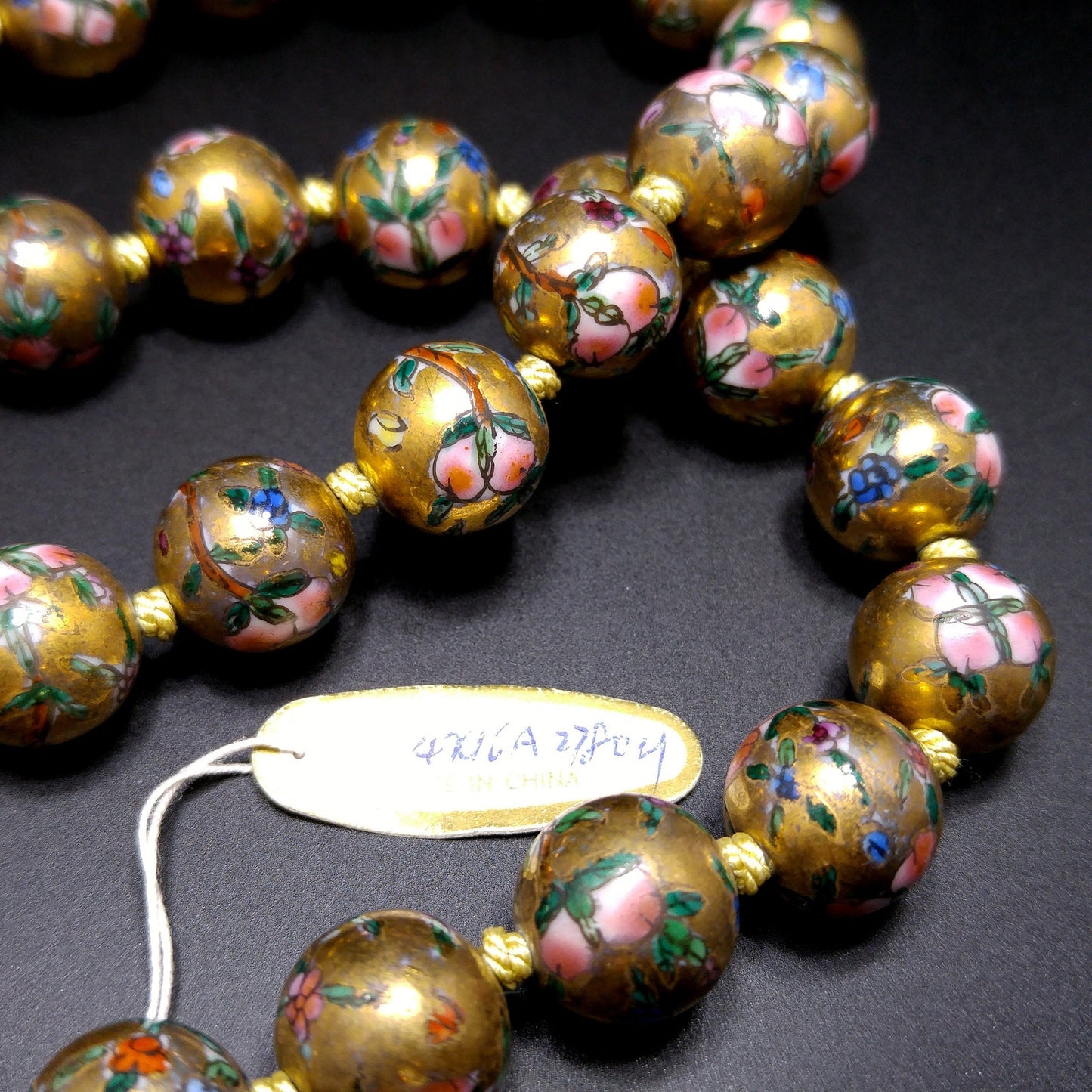 Vintage Chinese Beaded Necklace, Hand Painted & Knotted Floral Beads, 1940s Vintage Jewelry