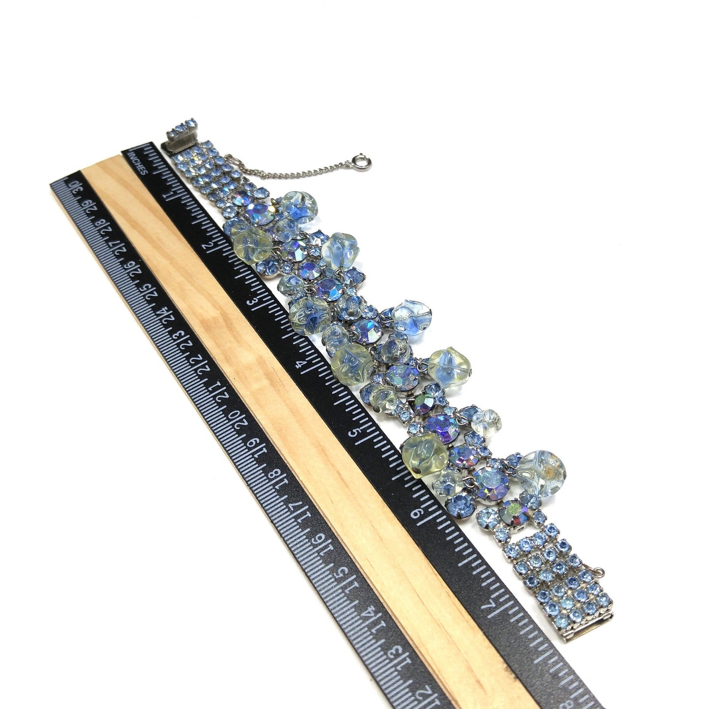 Light Blue AB Rhinestone Bracelet, Glass Dangle Clear Beads, Rhodium Plated, 1950s Vintage Jewelry