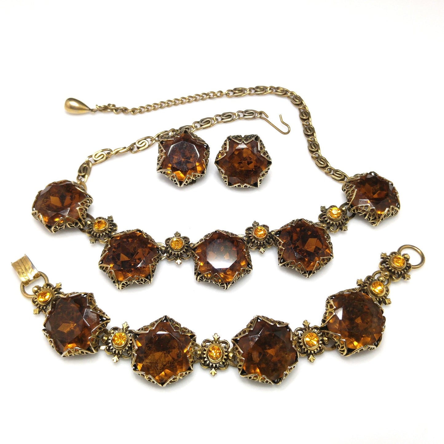 Vintage Topaz Glass Necklace Bracelet Earrings Set, Filigree Golden Brass, 1950s Vintage Jewelry