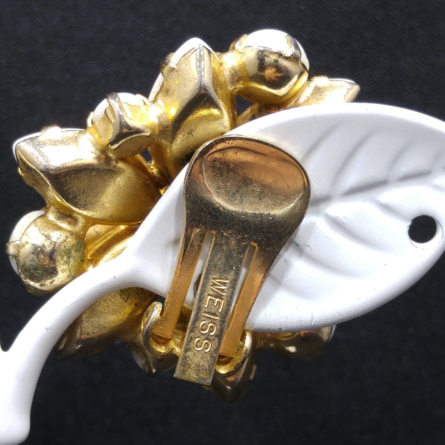 Weiss Milk Glass Gold Plated Flower Earrings, 1960s Designer Vintage Jewelry
