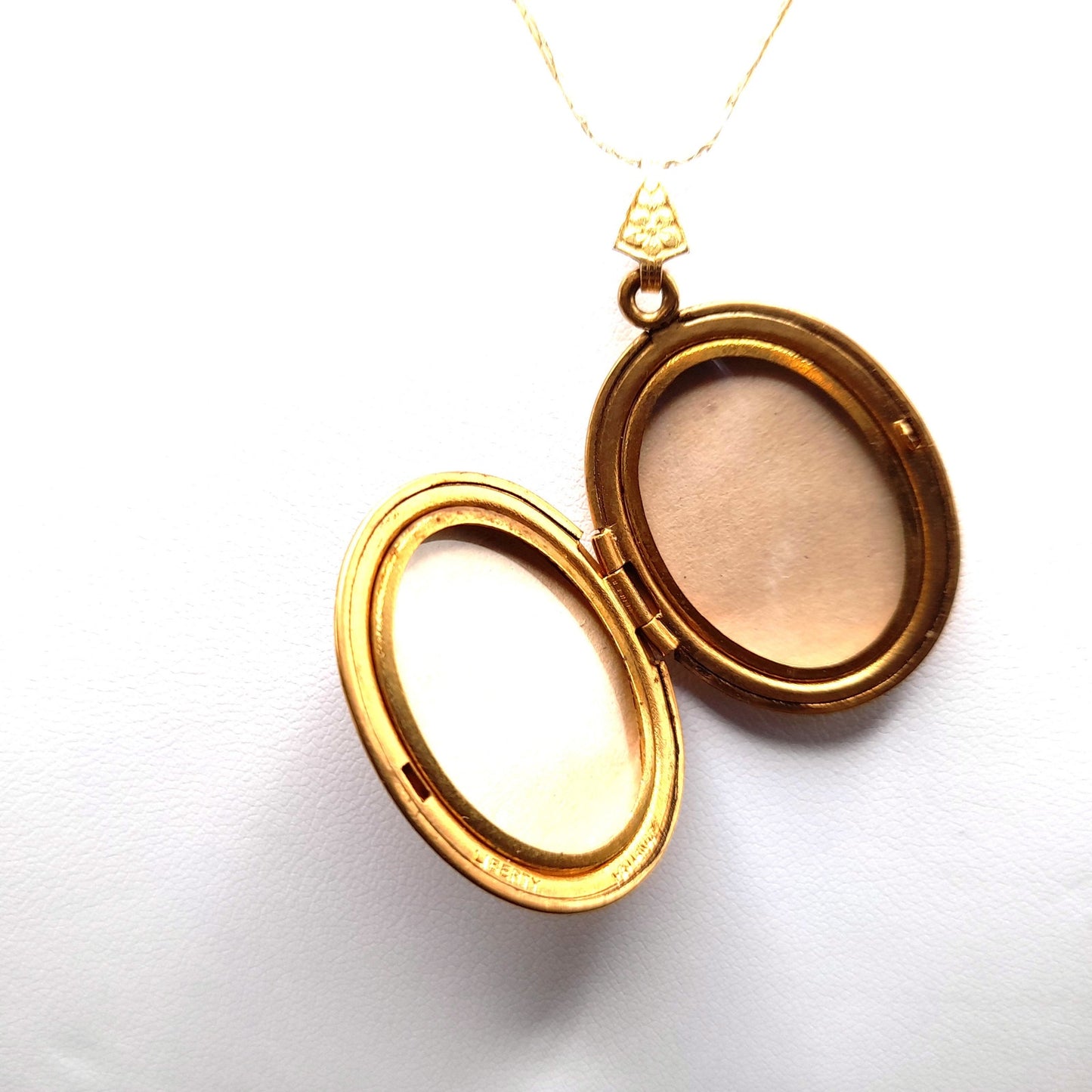 Liberty Gold Filled Locket, Crown Trifari Gold Plated Chain, 1950s Vintage Jewelry