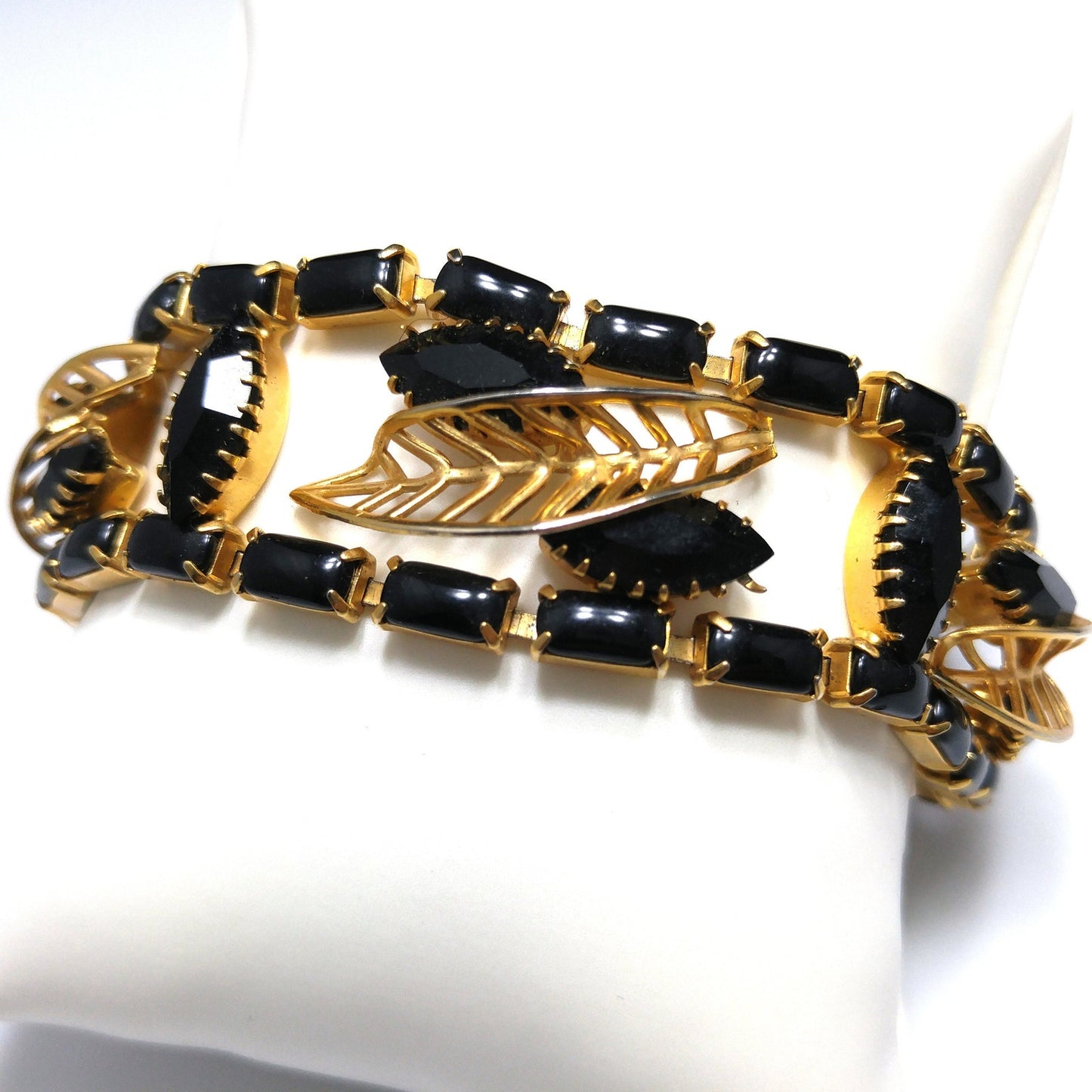Vintage Weiss Black Rhinestone Jewelry Set, Bracelet Brooch Earrings