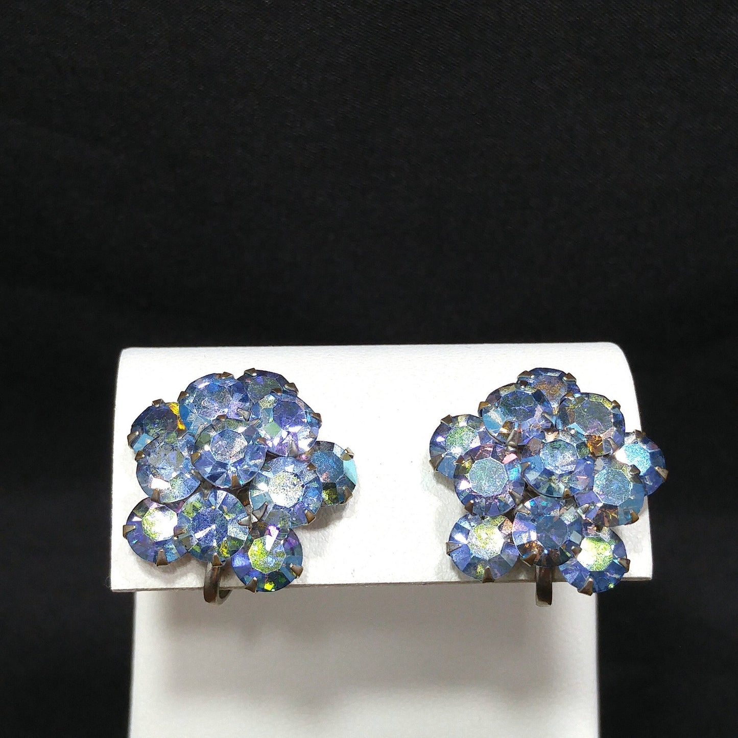 Weiss Blue Aurora Borealis Earrings, Screw Back Gold Plated, 1950s Vintage