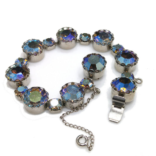 Blue Aurora Borealis Rhinestone Bracelet, Gold Plated, 1960s Vintage Jewelry