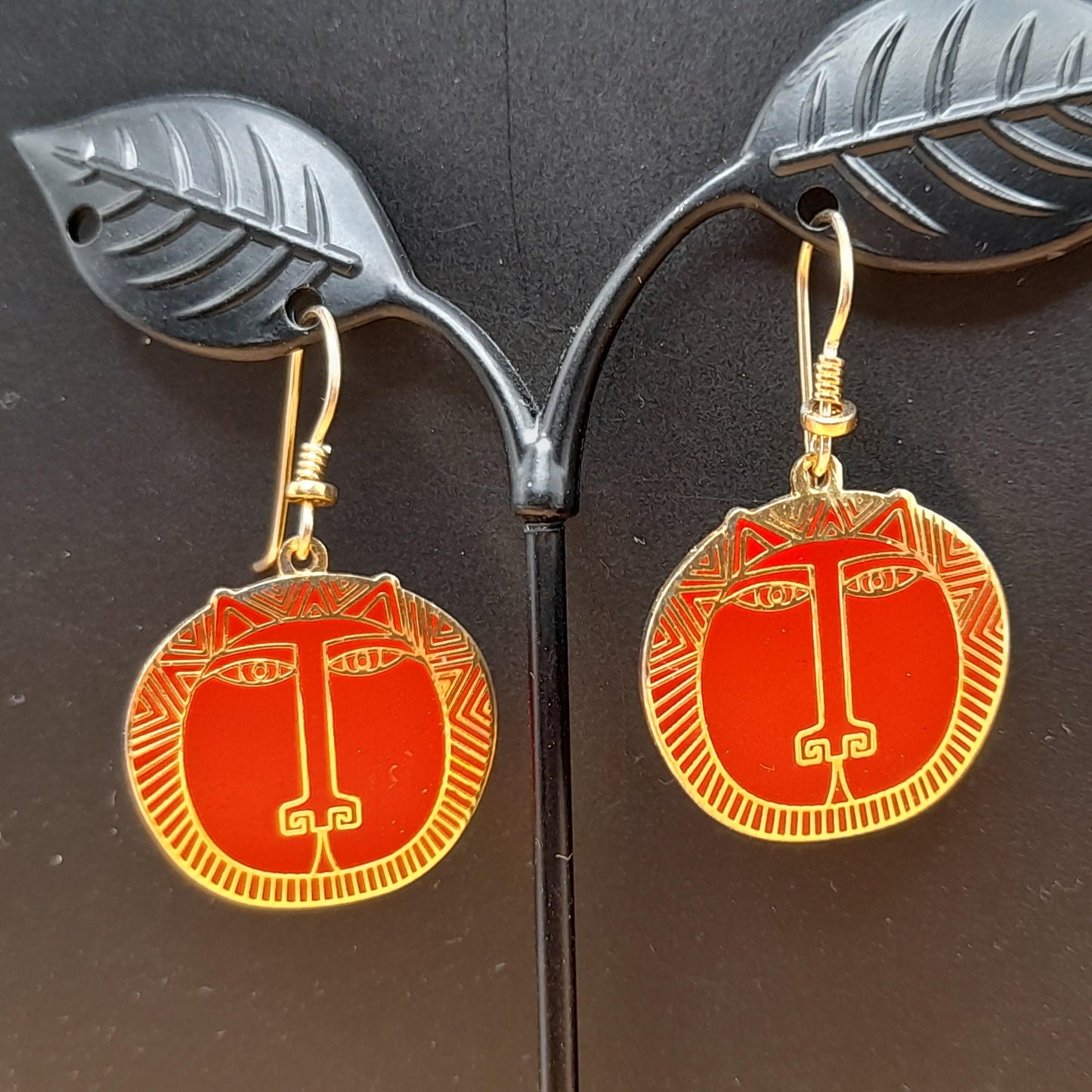 Laurel Burch "Moon Tiger" Red Drop Earrings, Gold Plated Cloisonné, Red Enamel, 1980s Vintage Jewelry