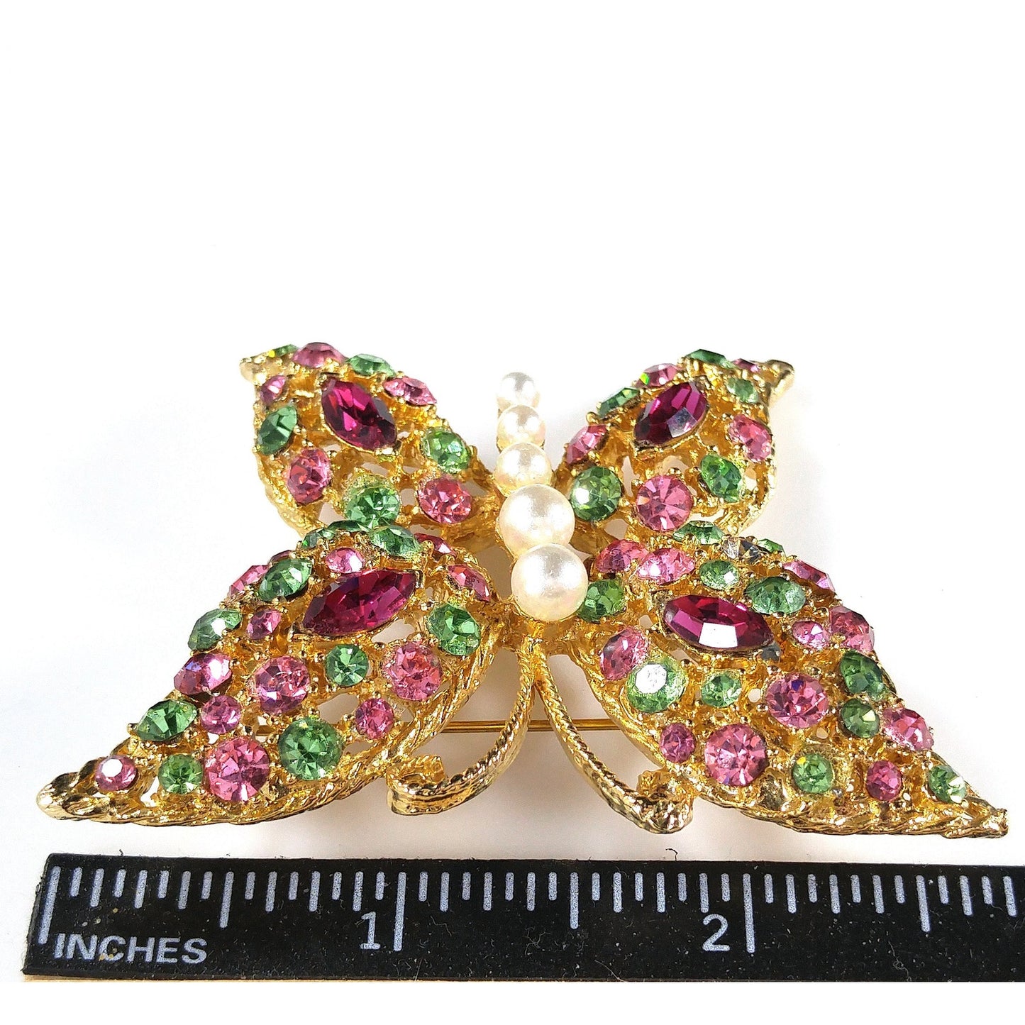 Vintage Pastel Rhinestone Butterfly Brooch, Faux Pearl Body, Uranium Glass, Vintage Jewelry