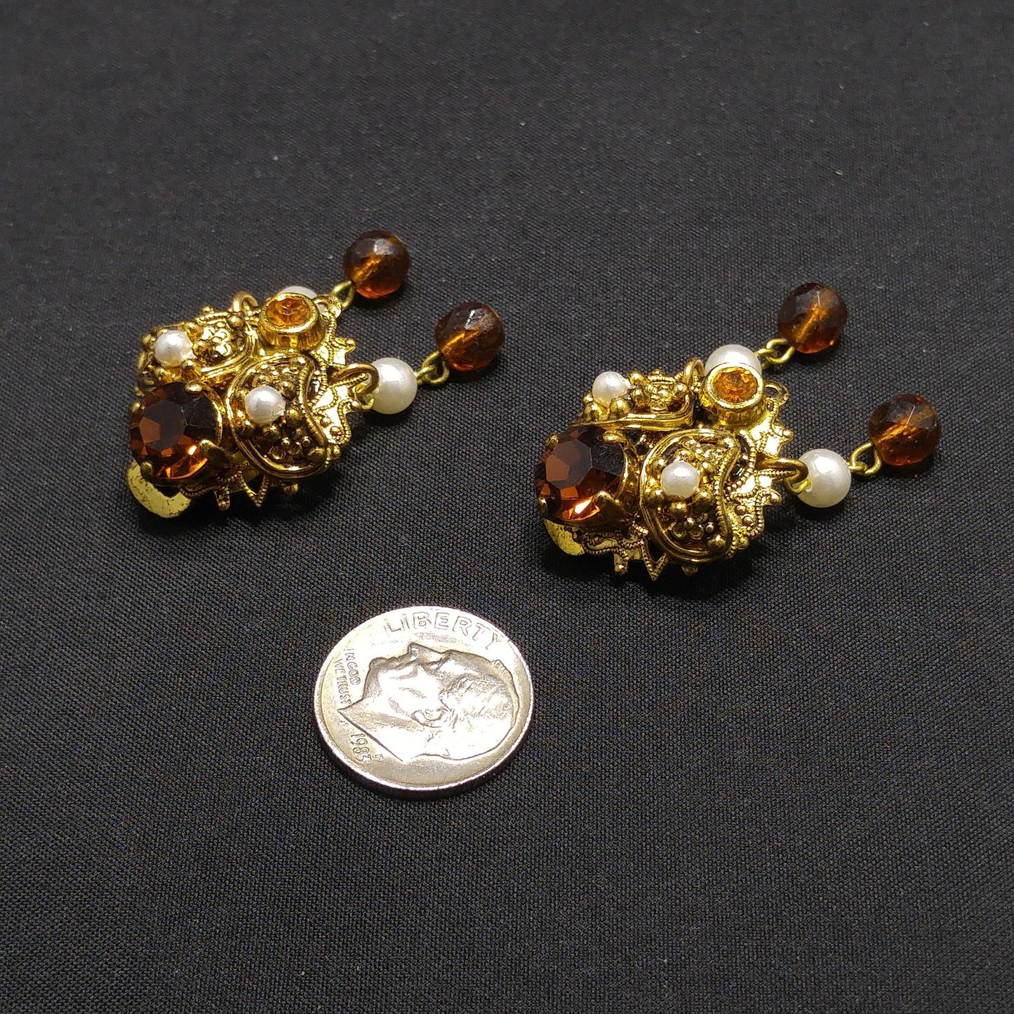 Western Germany Topaz Filigree Clip Earrings, Faux Pearls, 1950s Vintage Jewelry