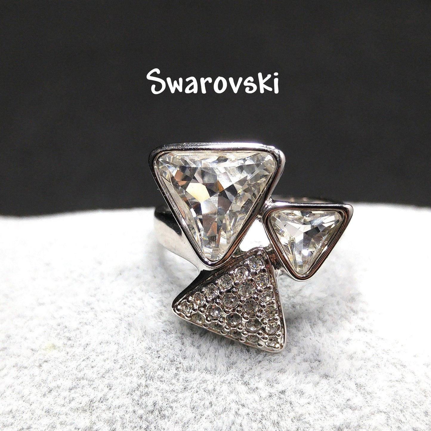 Swarovski Three Triangle Ring, Crystal & Pave, Rhodium Plated, Size 7.5