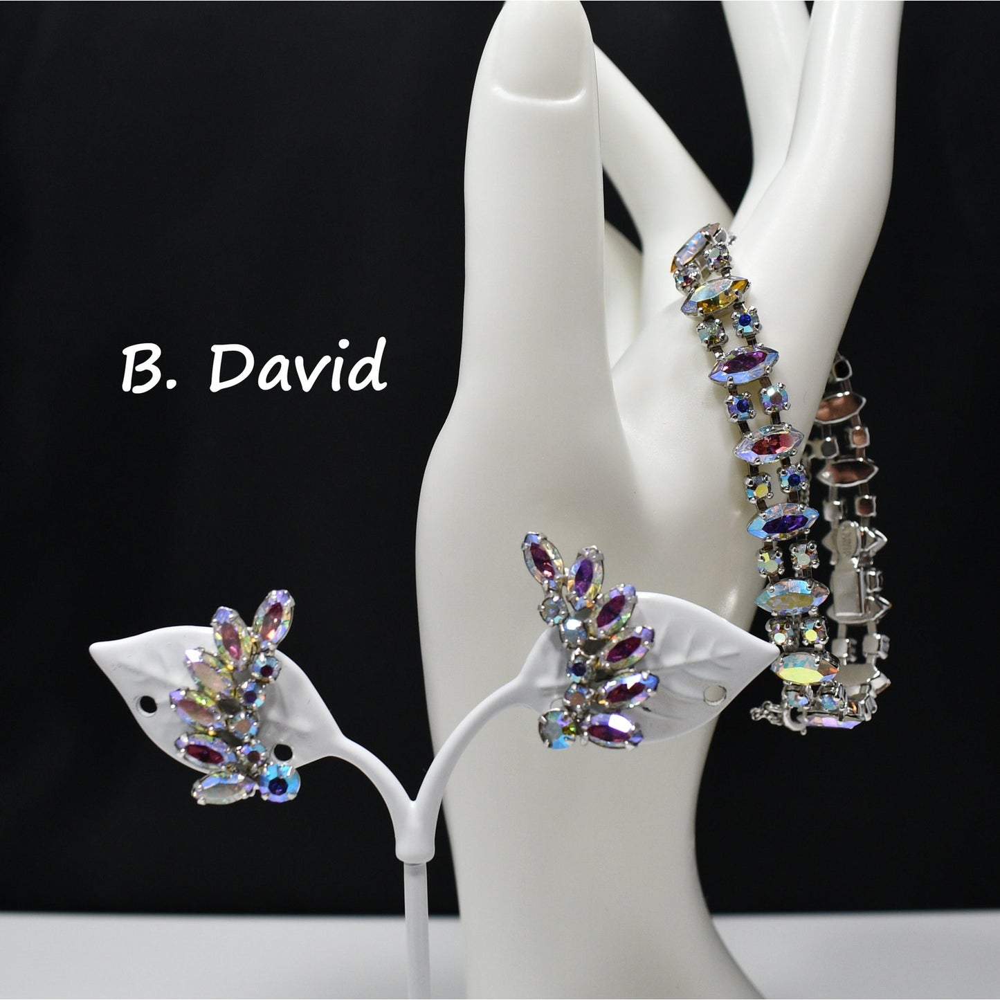 B. David Rhinestone Bracelet & Earrings Set, AB Crystals, Screw Back Earrings, 1950s