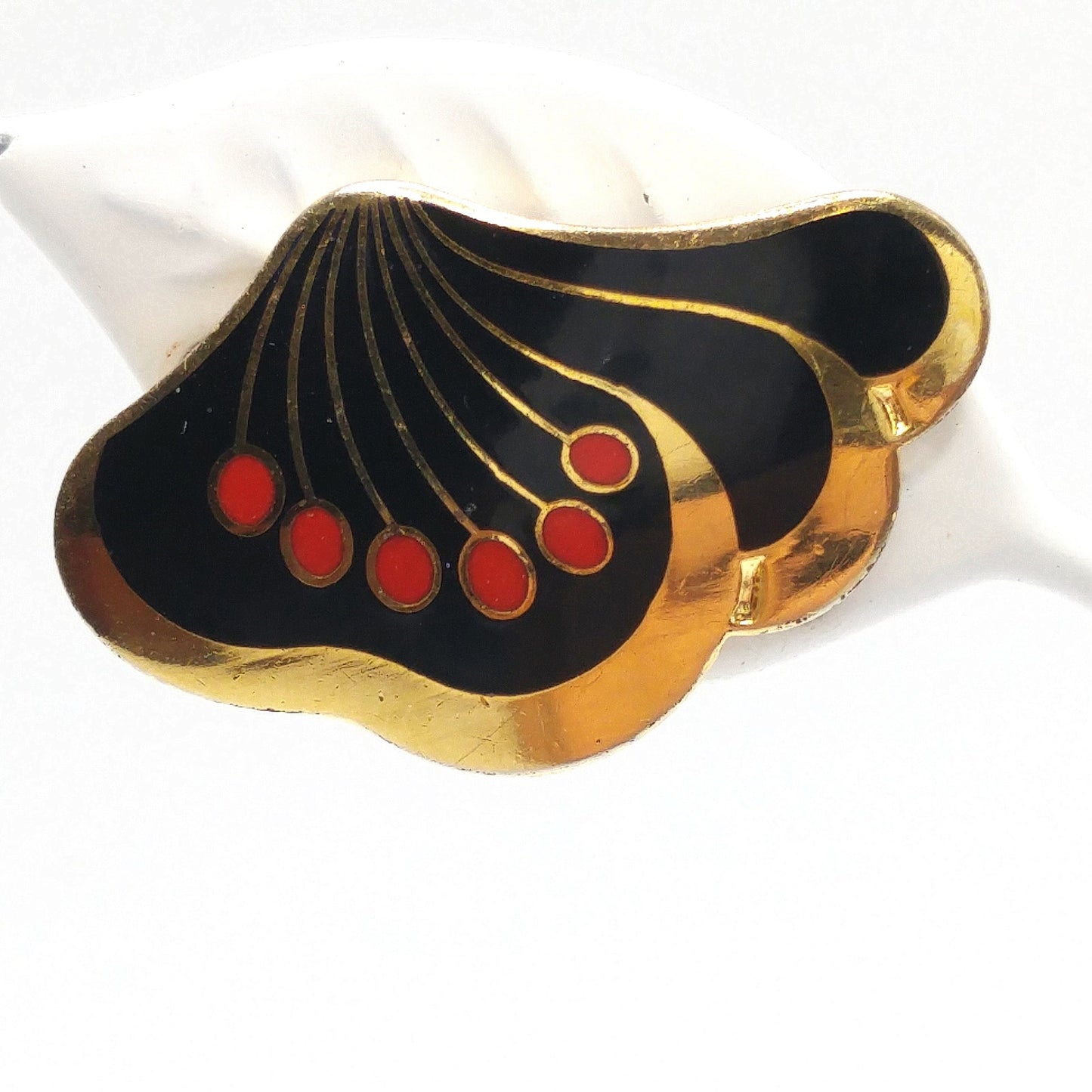 Laurel Burch "Le Fleur" Clip Earrings, Black Red Enamel, Gold Plated, 1980s